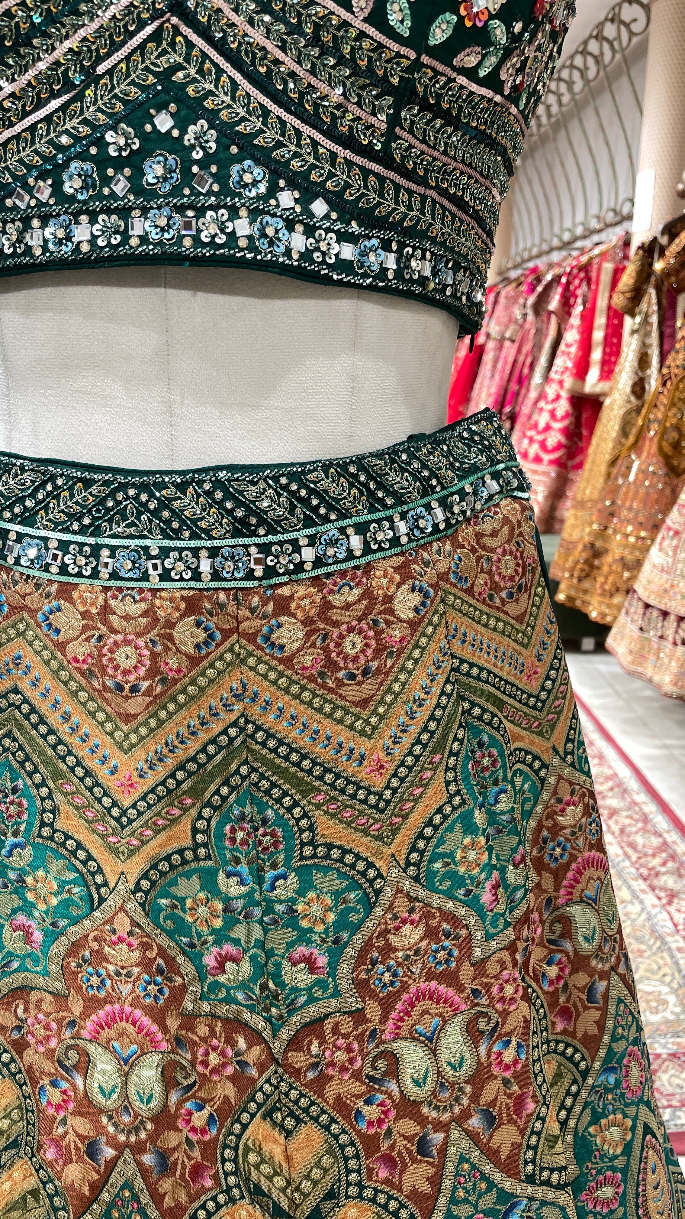 Green multicolour threadwork Georgette lehenga