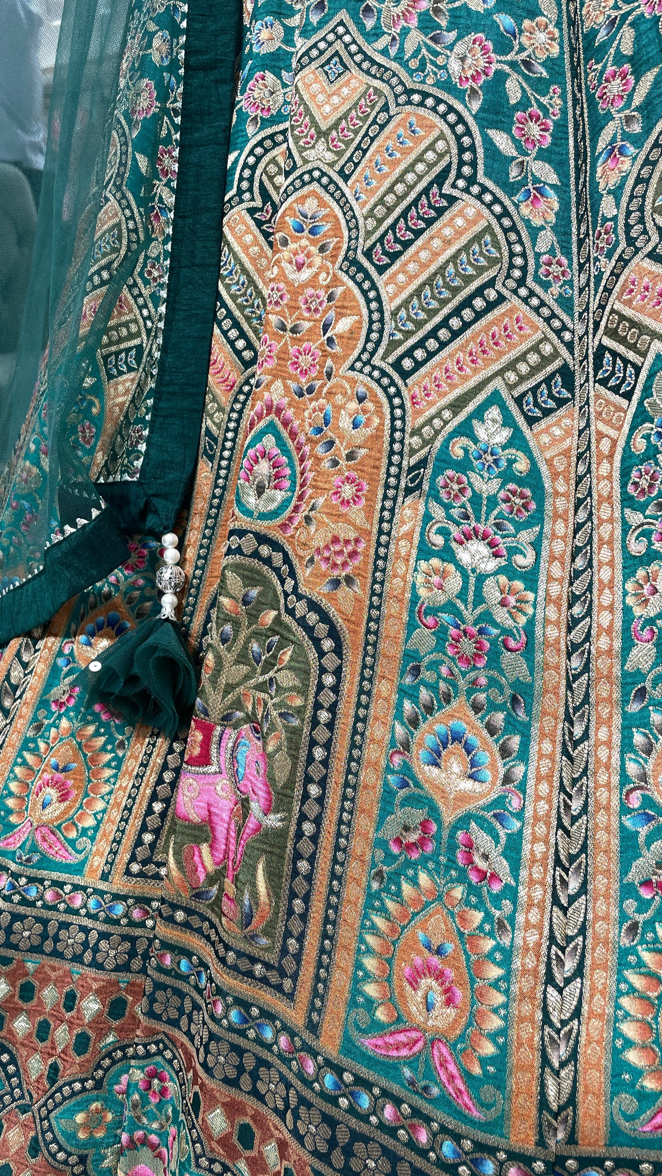 Green multicolour threadwork Georgette lehenga