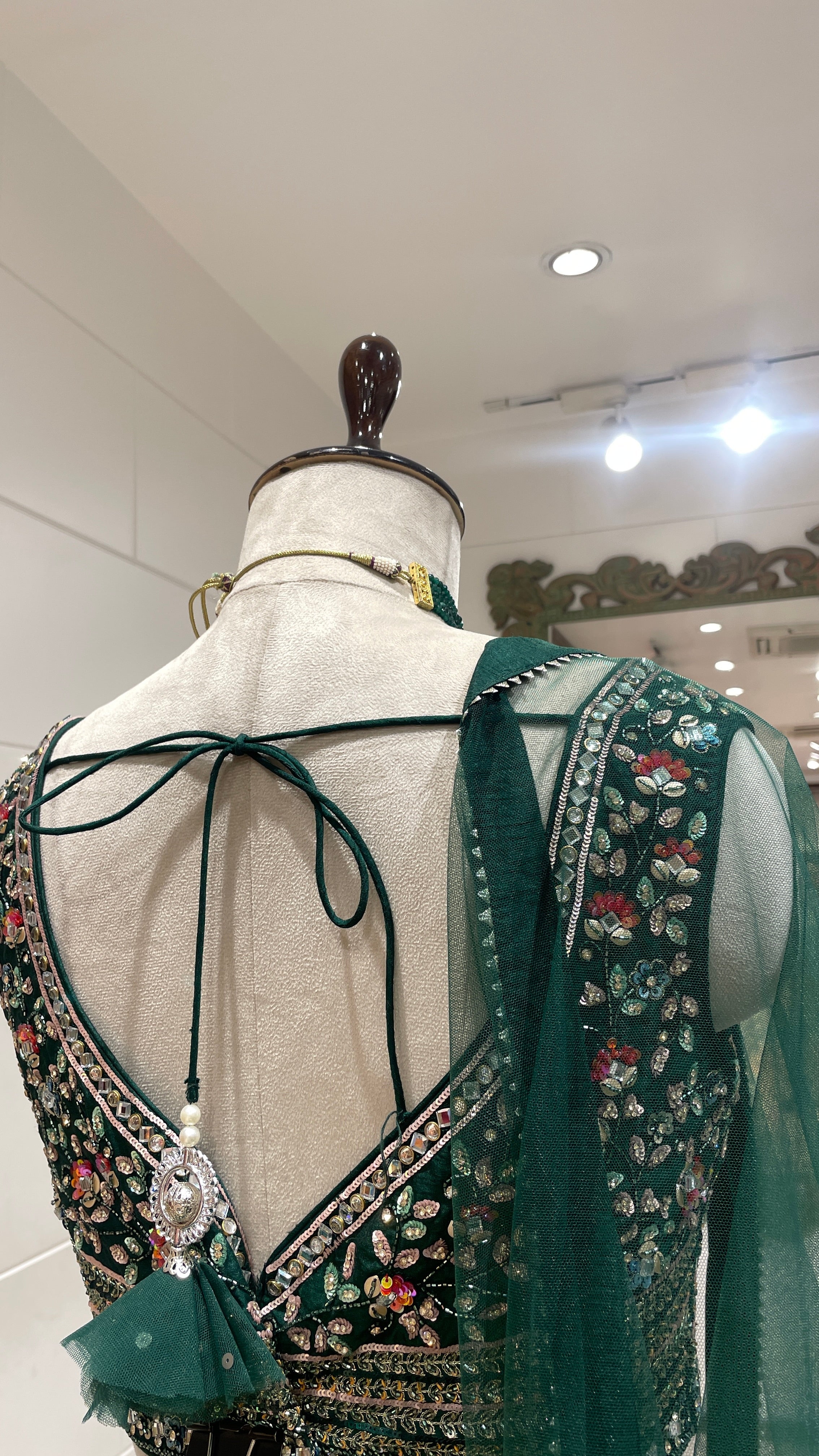 Green multicolour threadwork Georgette lehenga