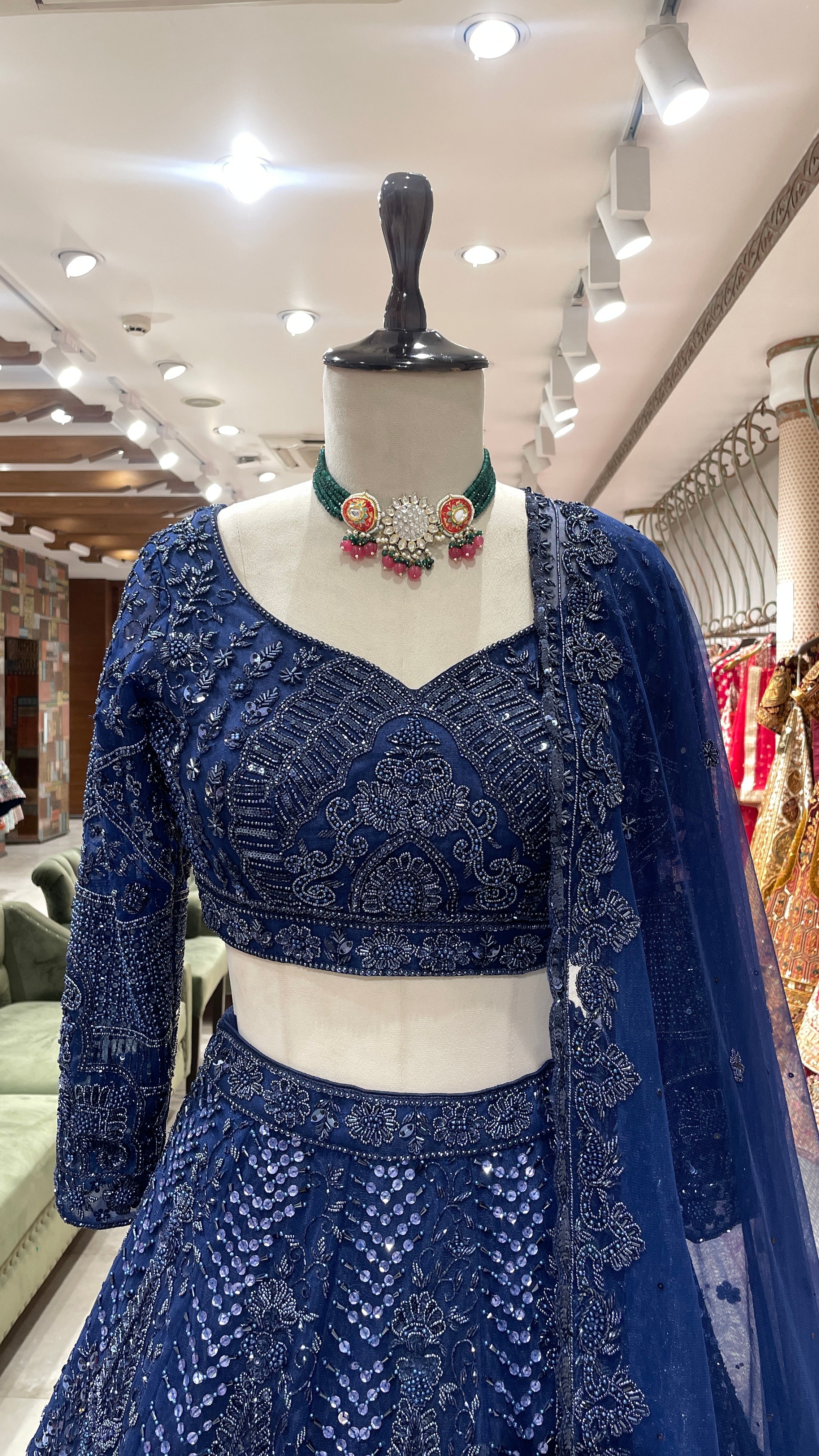 Royal blue lehenga with sequins cutdana and pot embroidery