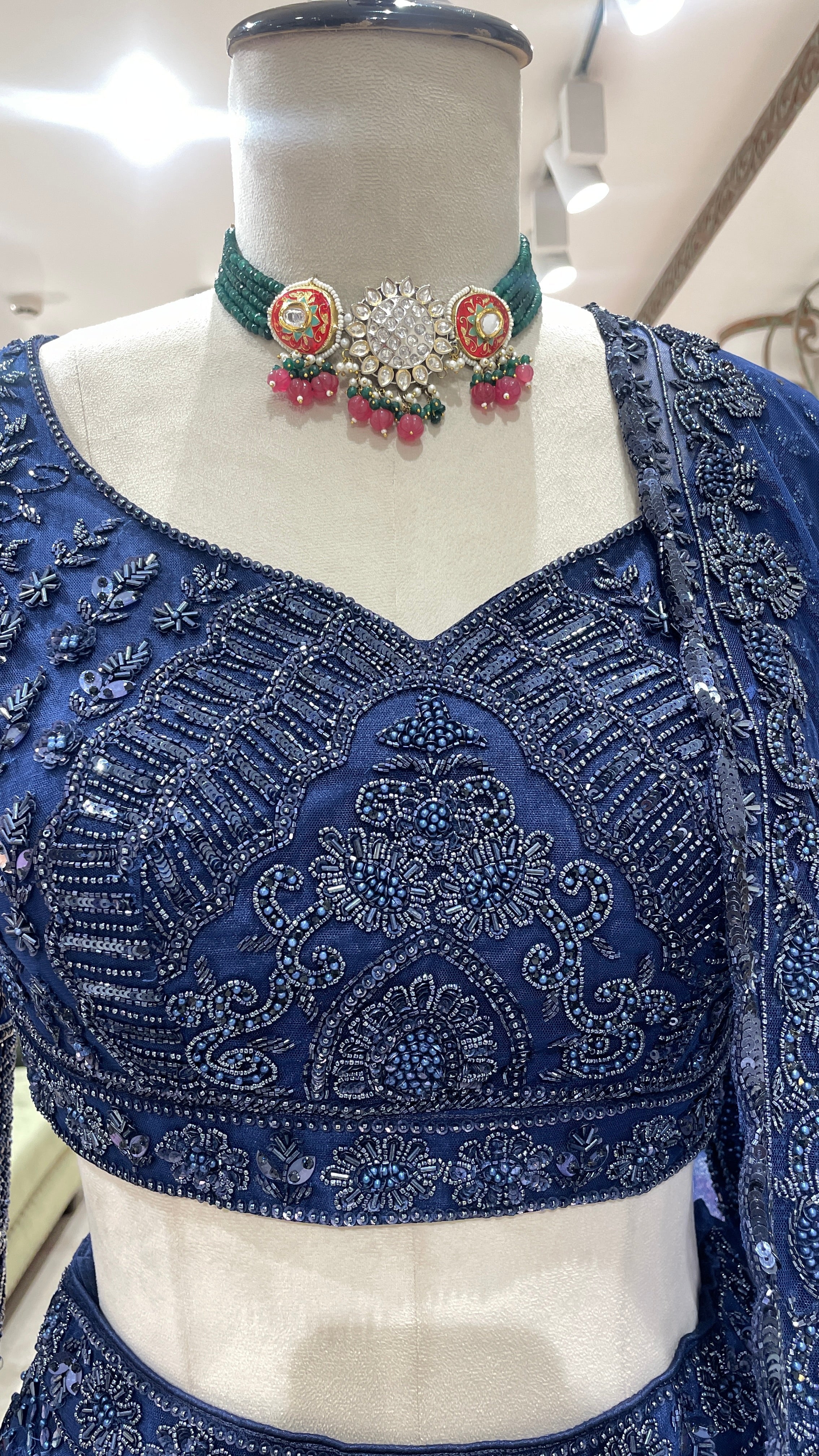 Royal blue lehenga with sequins cutdana and pot embroidery