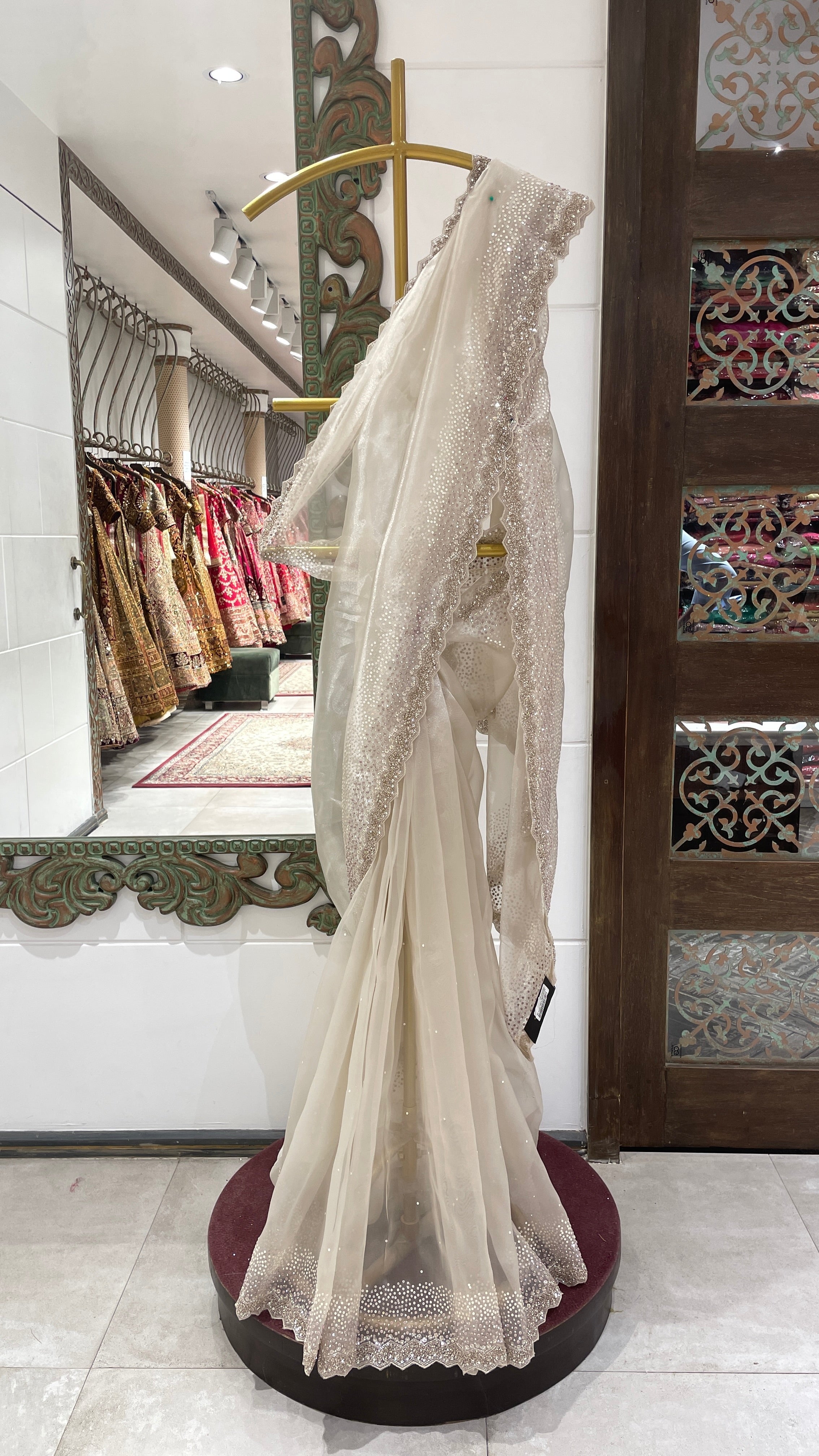 Beige Net Saree with Embellished Border