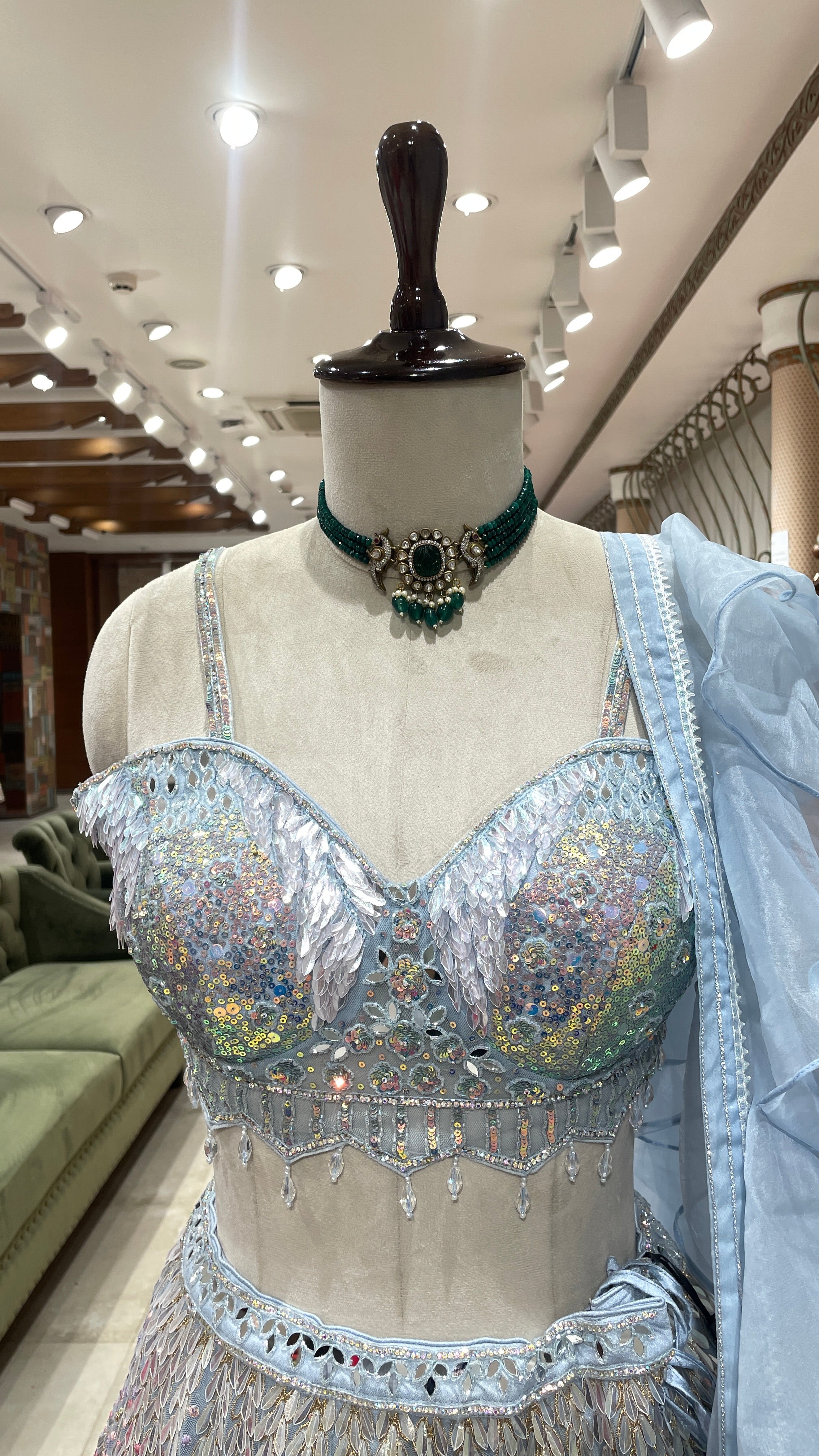 Pastel blue lehenga with floral motifs