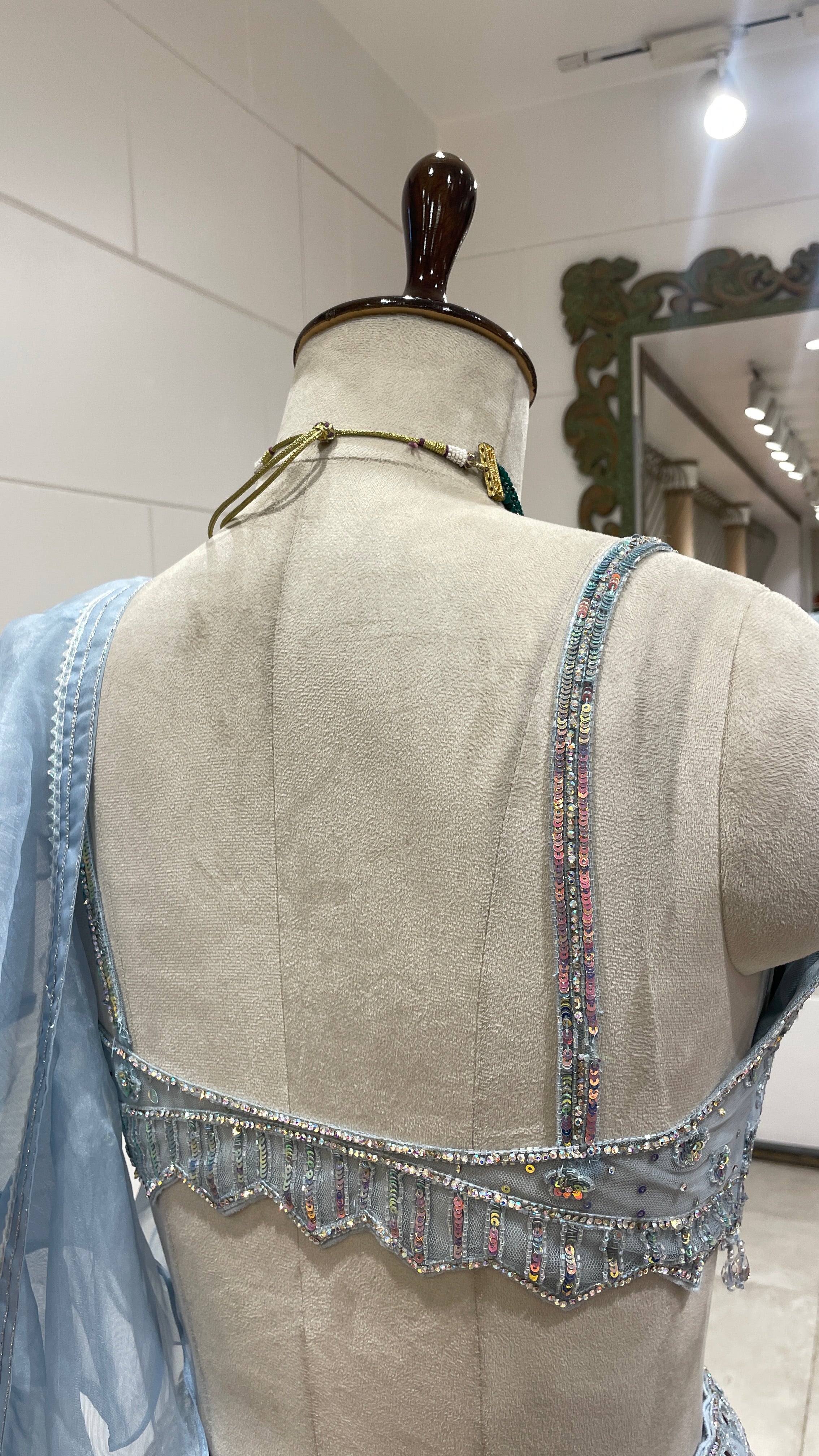 Pastel blue lehenga with floral motifs