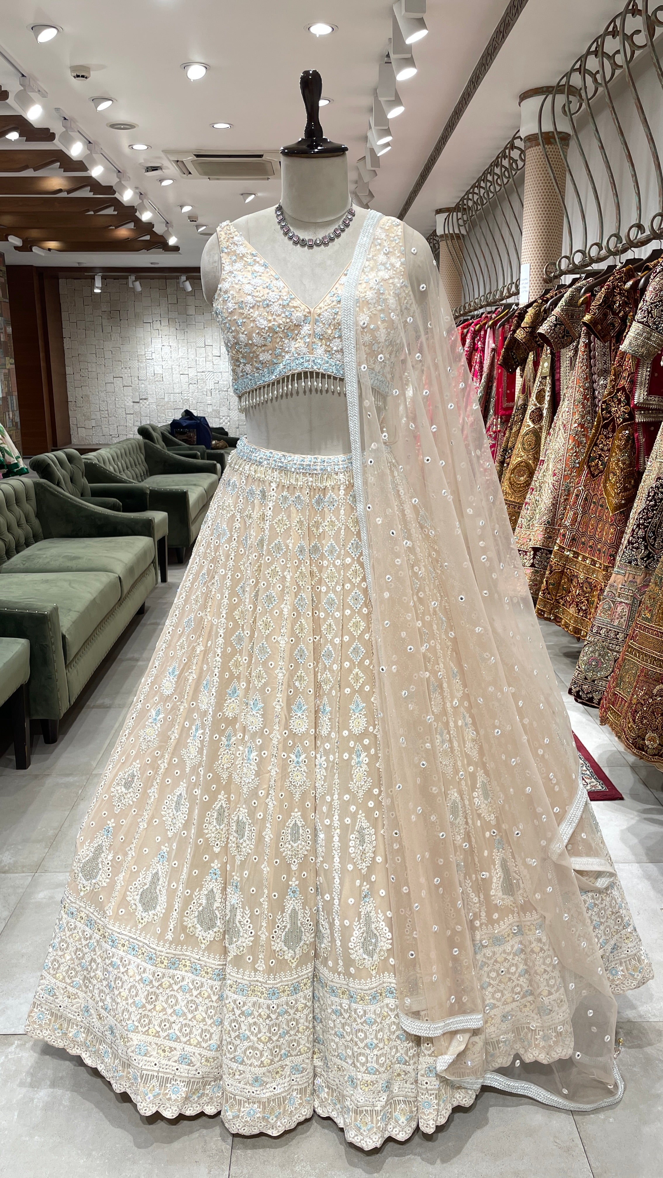 Peach lehenga with floral sequins embellishment & threadwork