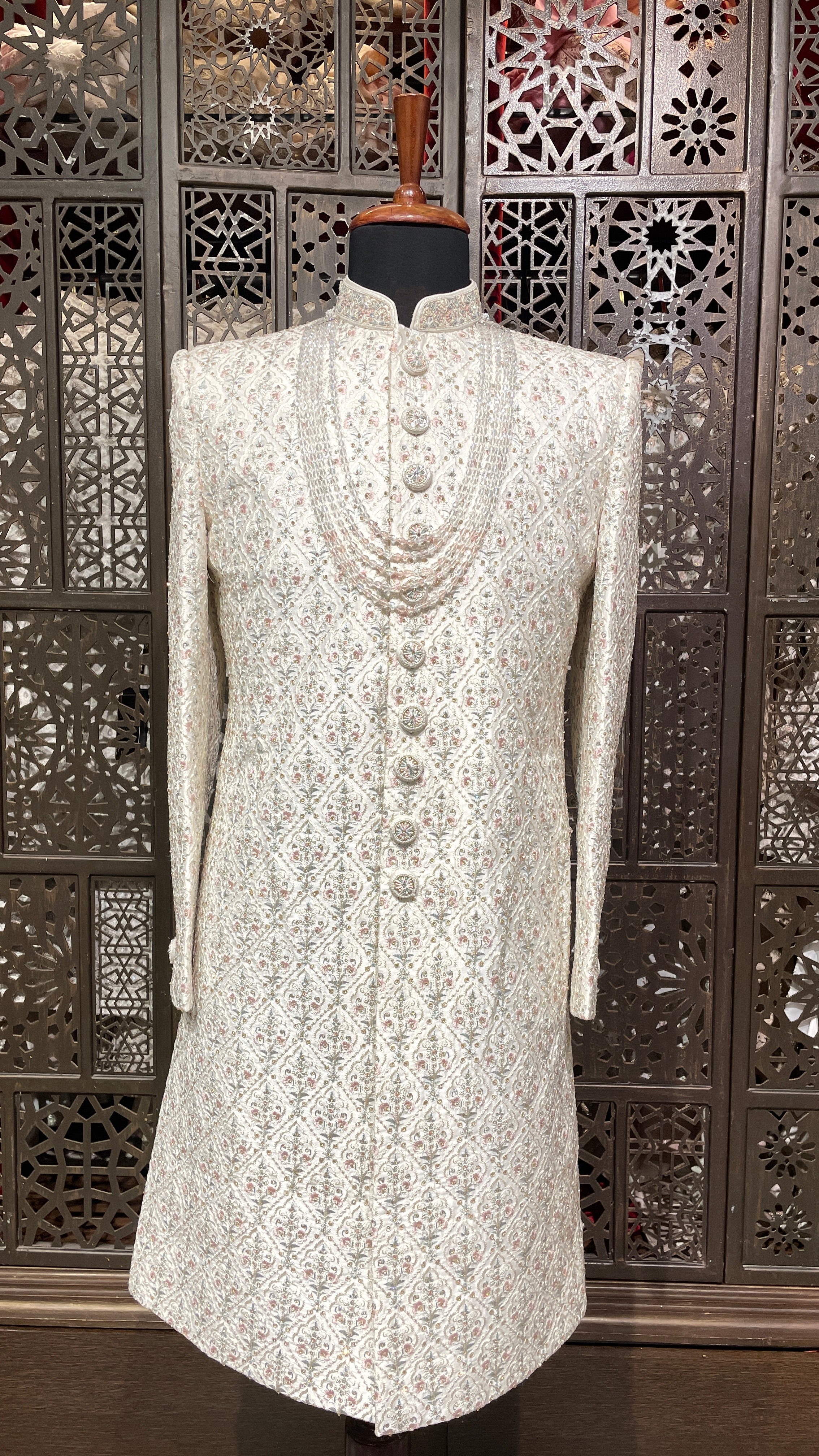 Cream men’s silk sherwani with embellishments