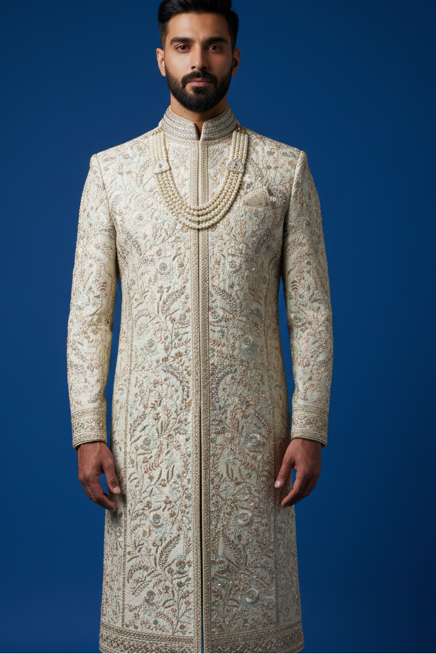Man wearing a traditional embroidered sherwani against a blue background