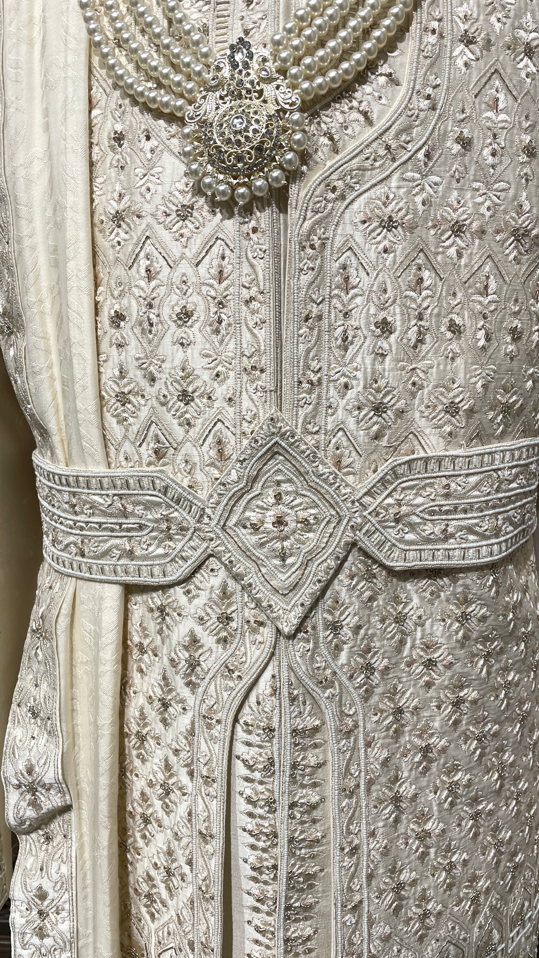 Cream double layered silk sherwani