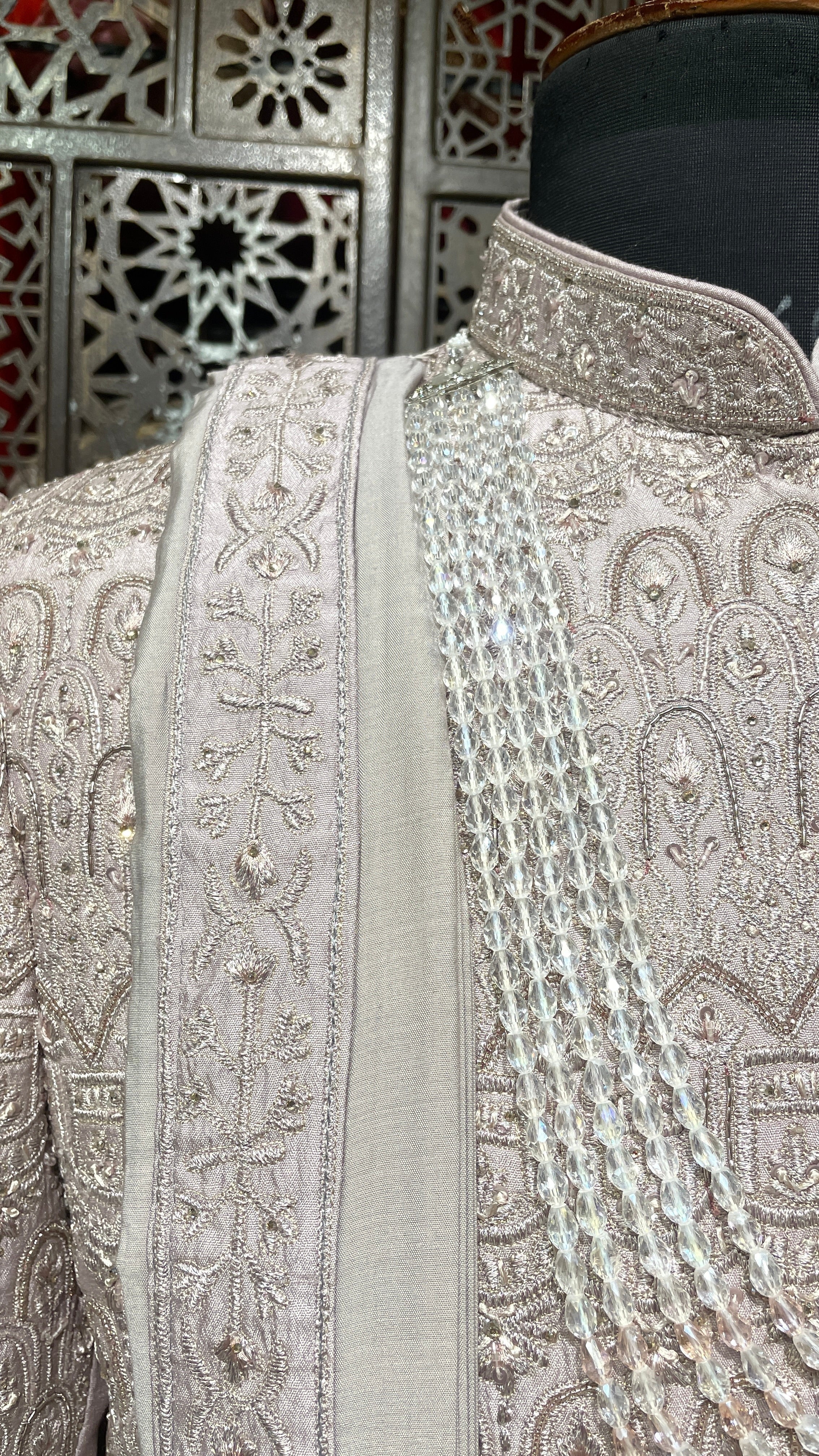 Lilac Anarkali style sherwani with gold embellishment