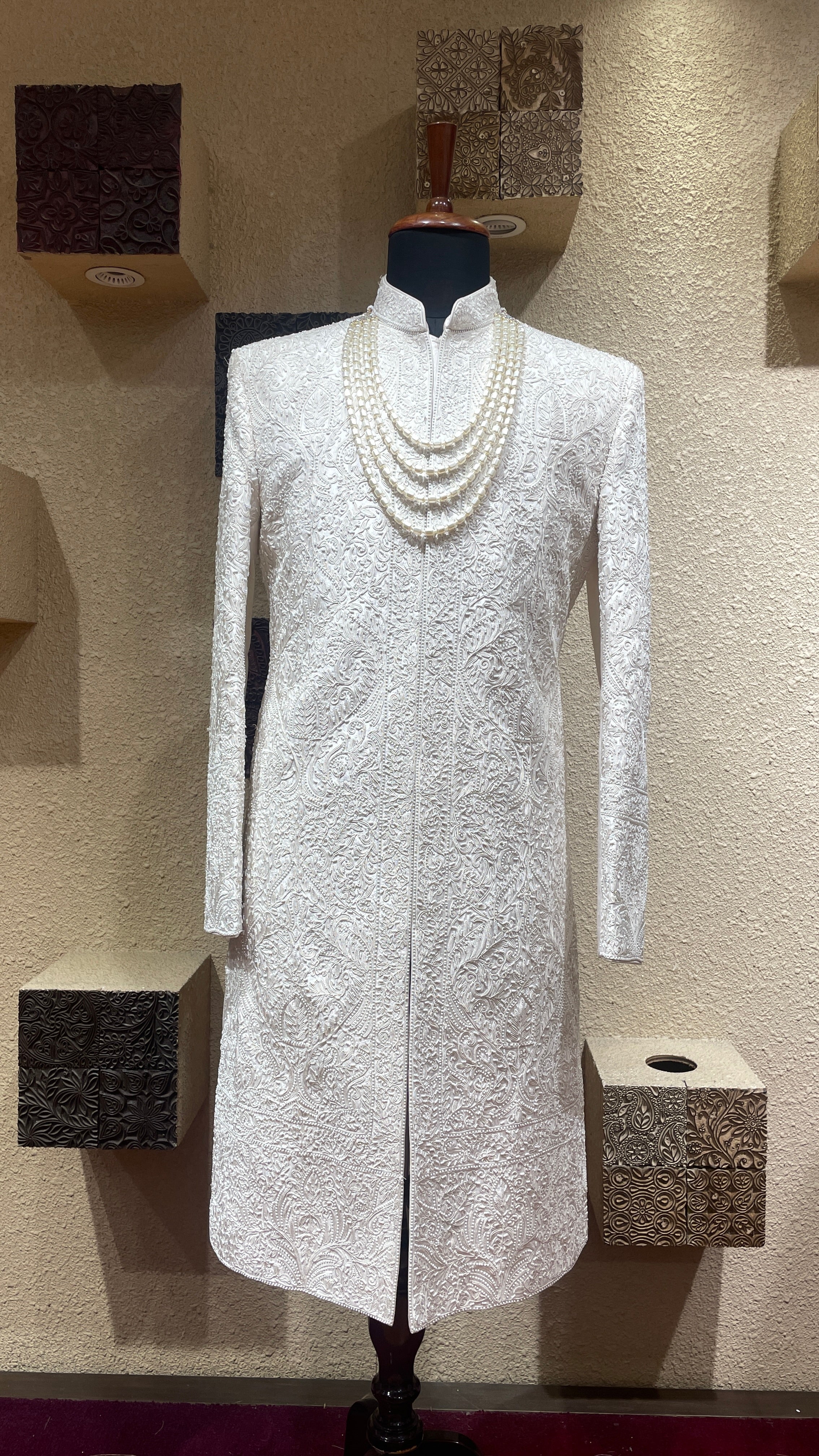 Silk Ivory sherwani with bead embroidered