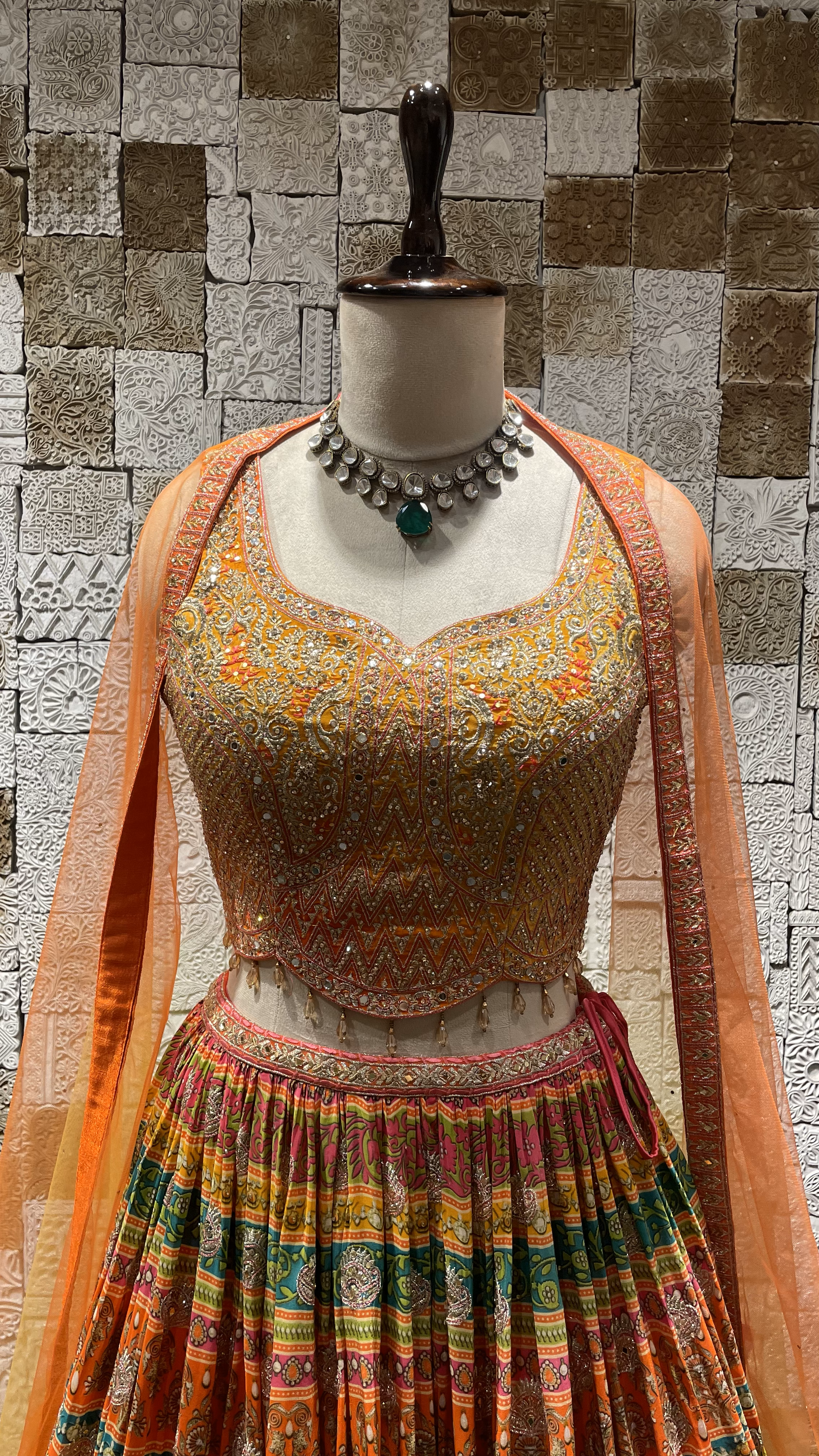 Multicolour lehenga with rhinestones
