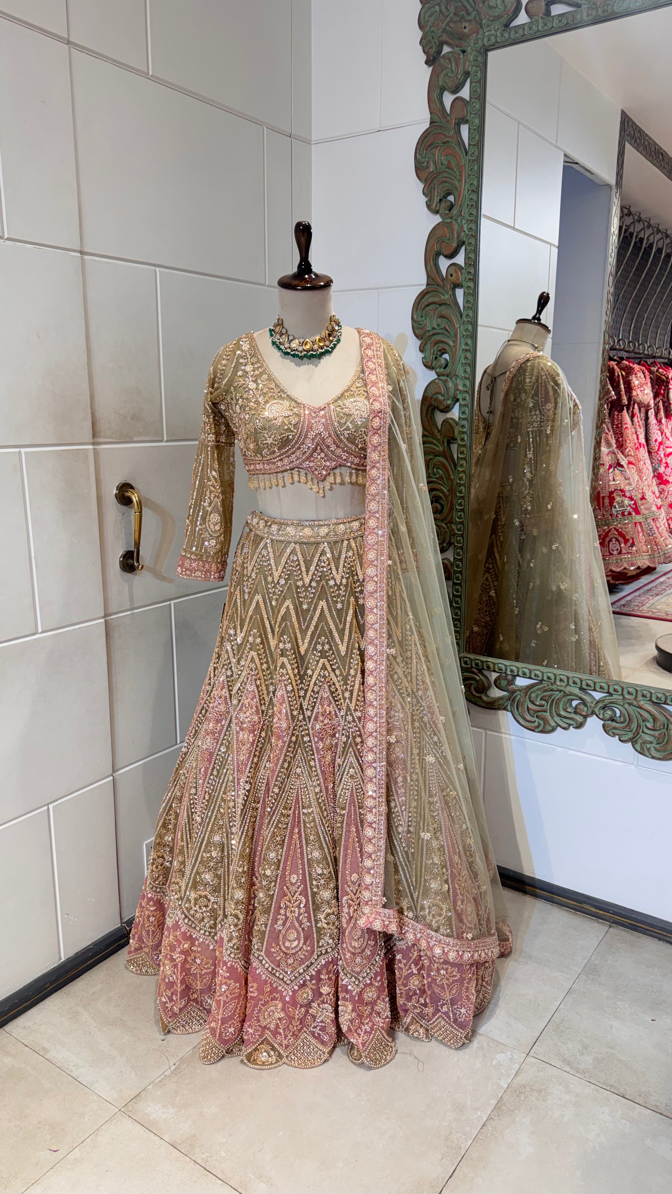 Pink and green embroidered lehenga