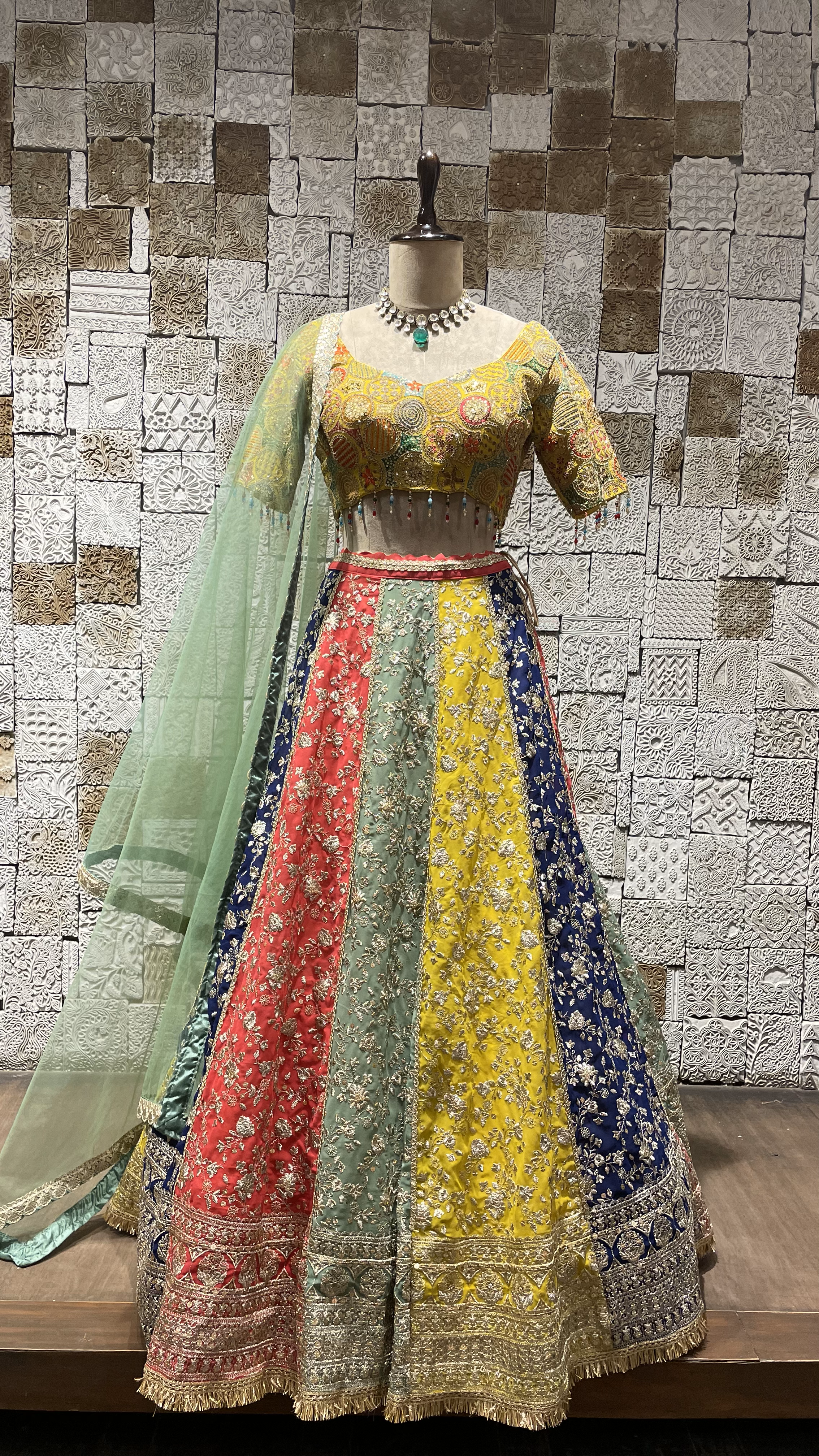Multicolour Georgette lehenga with Zariwork and sequins