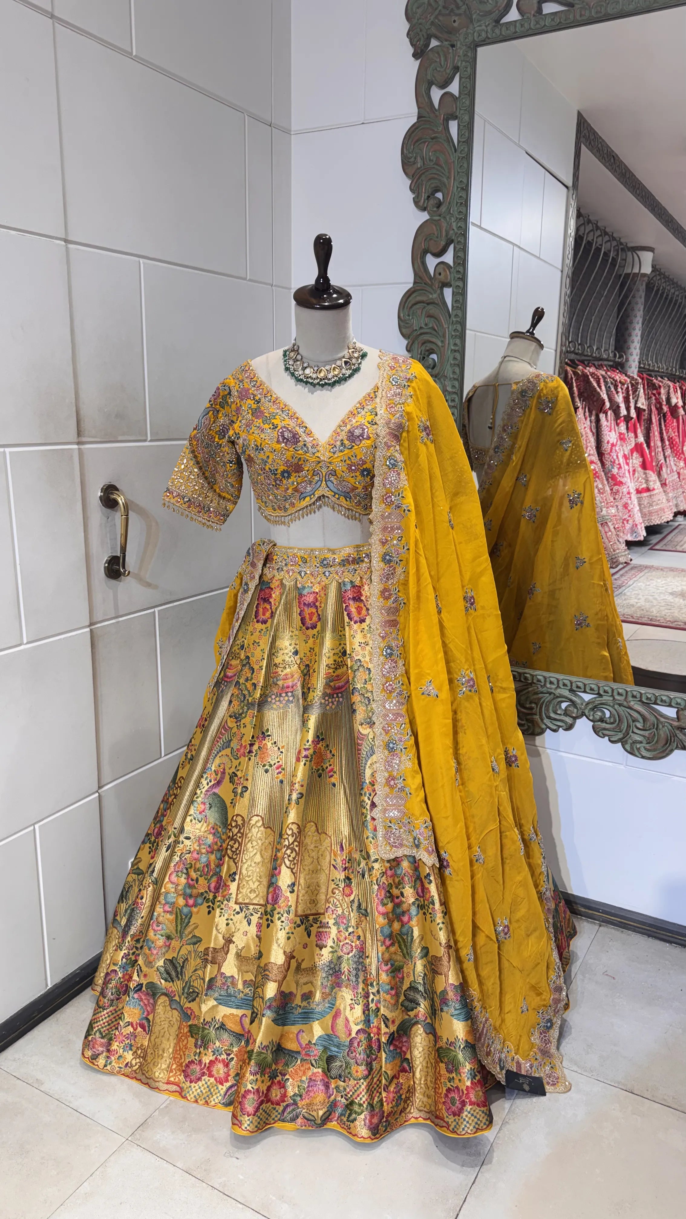 Mustard Banarasi print lehenga