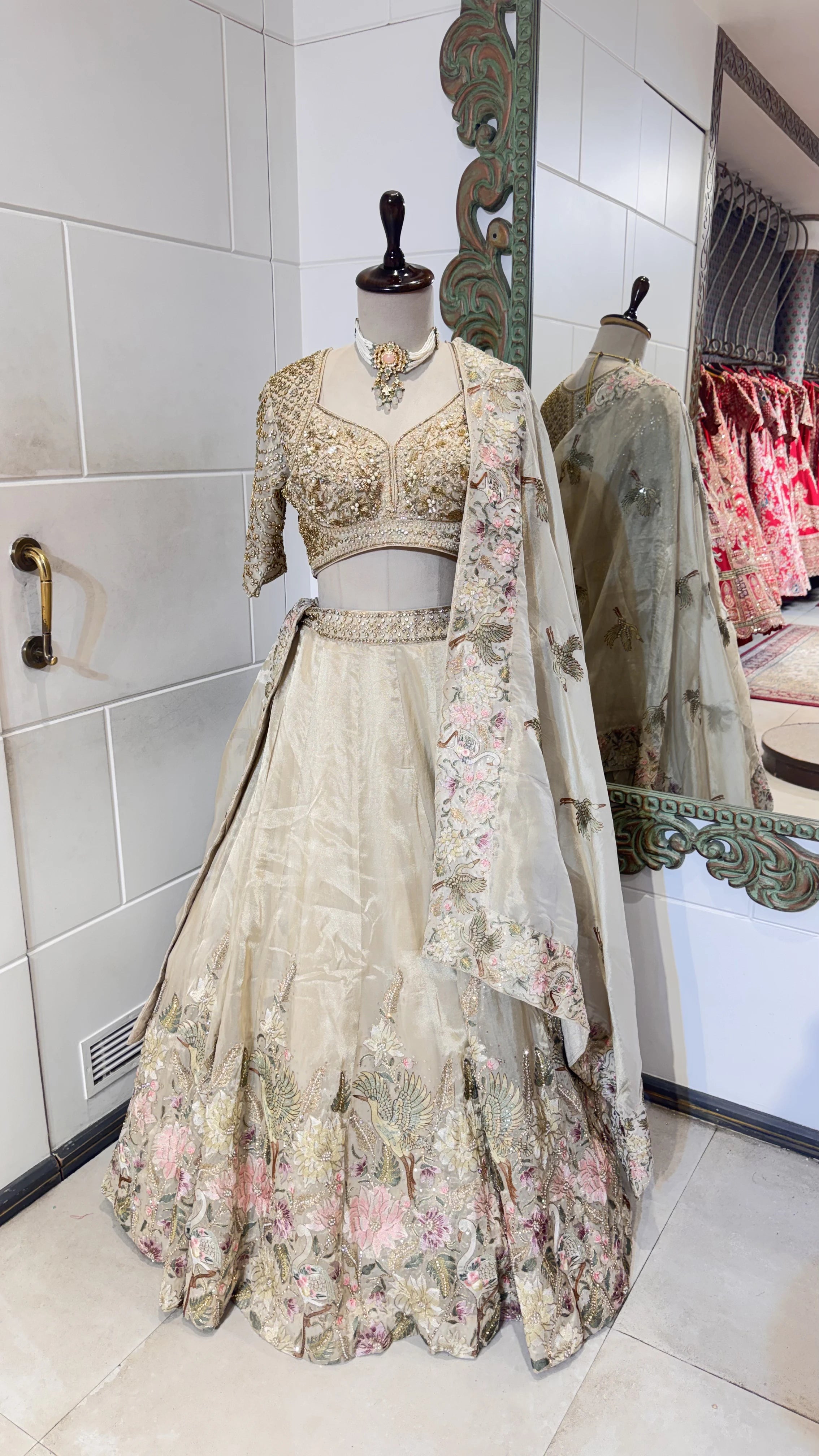 Light gold floral lehenga