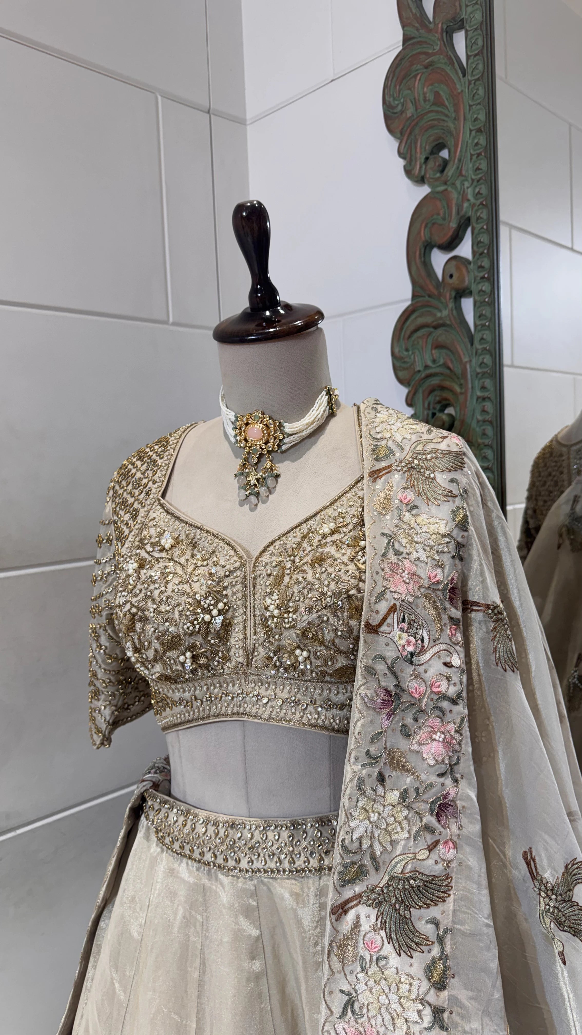 Light gold floral lehenga