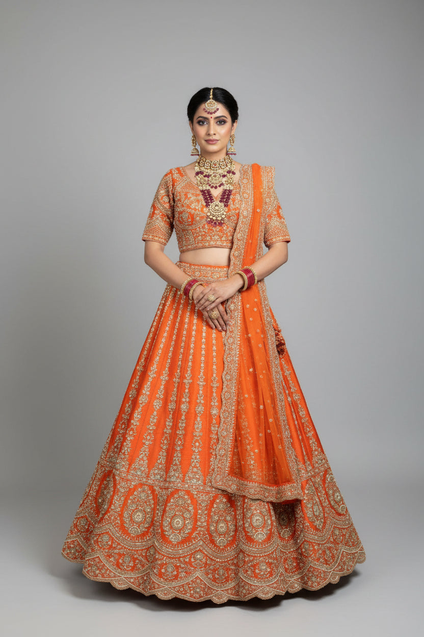 Orange bridal silk lehenga with zariwork