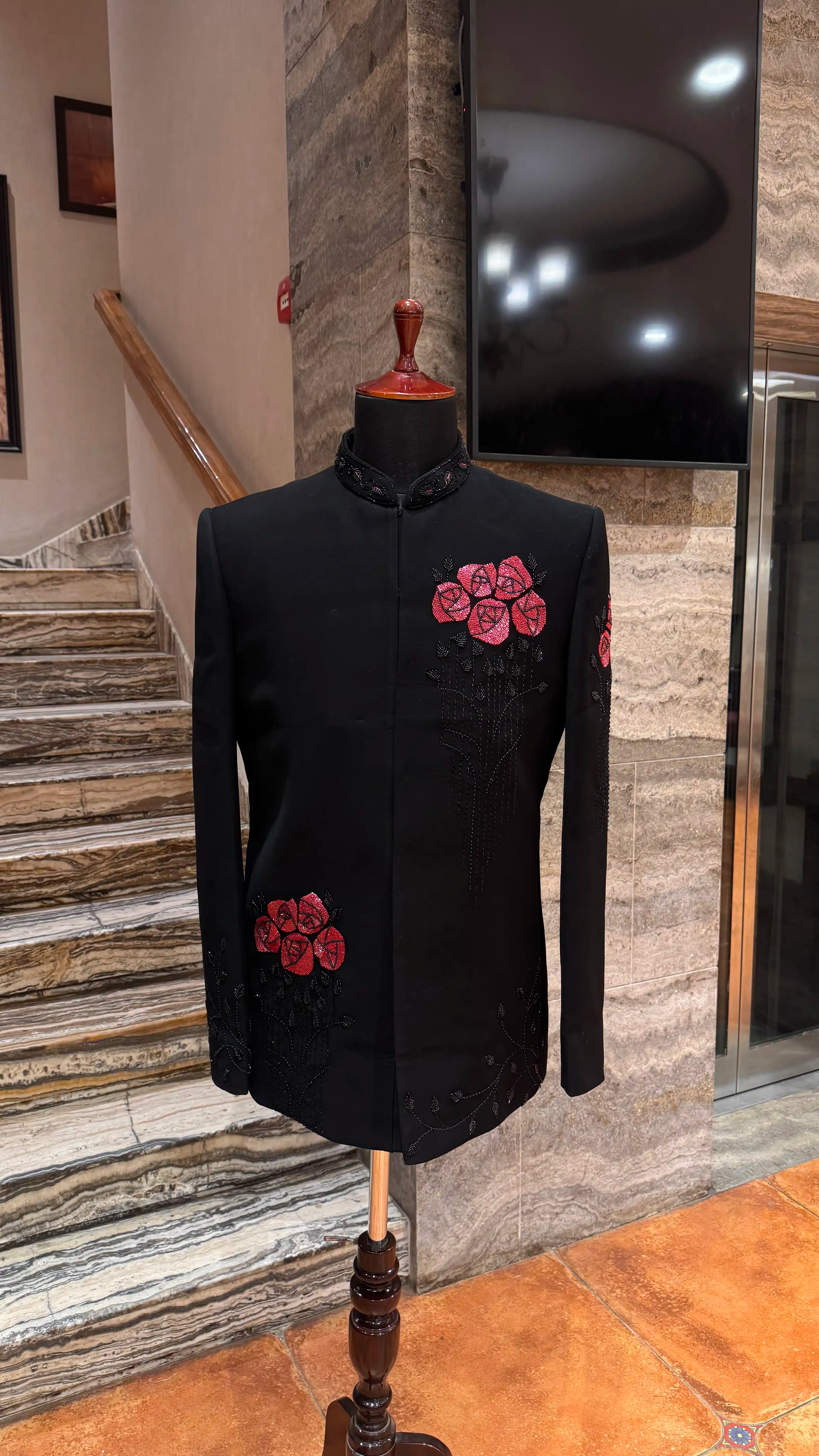 Black bandhgala with red floral motif