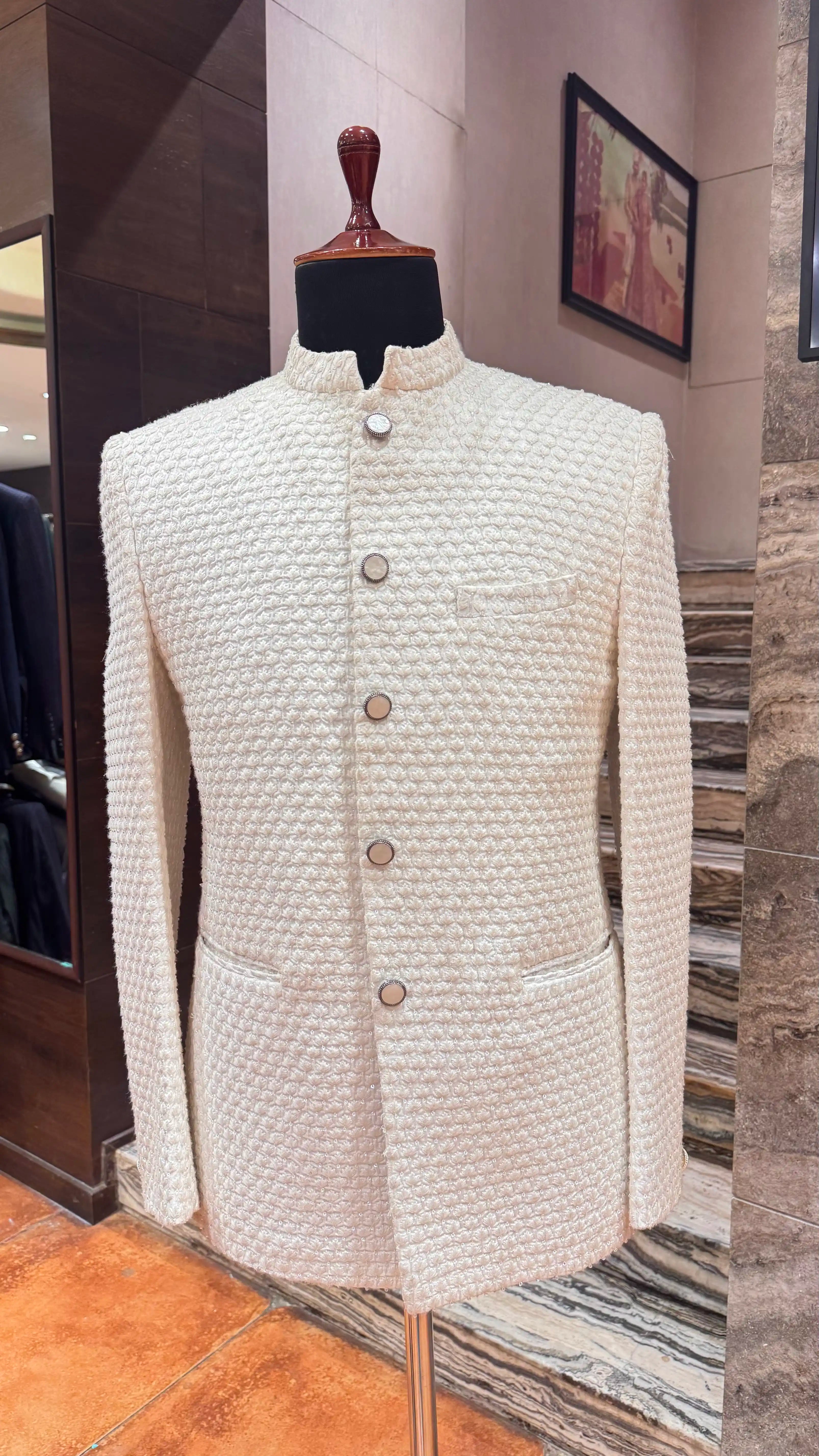 Off white self embroidered bandhgala