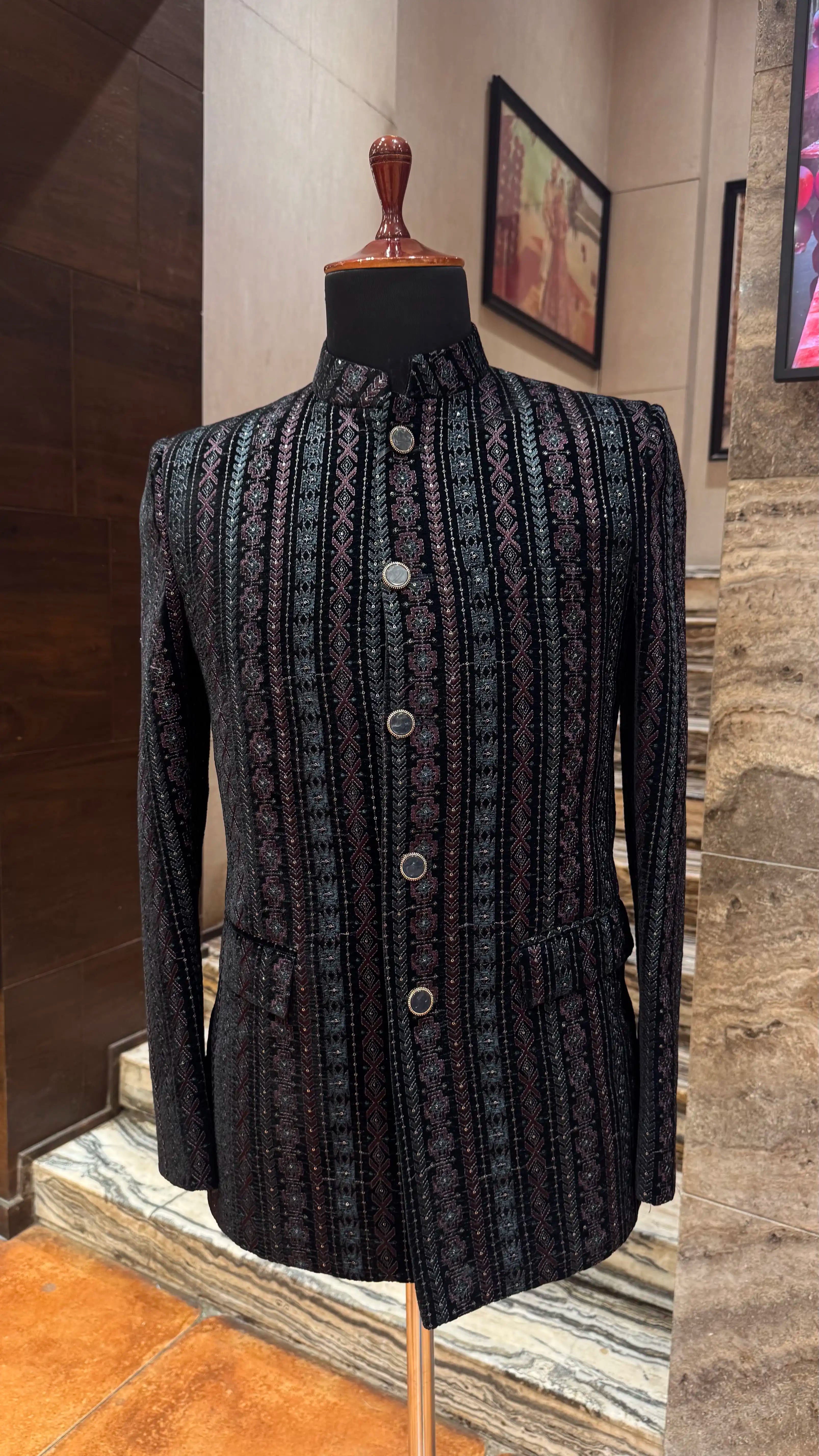 Black bandhgala with multicolor thread embroidery