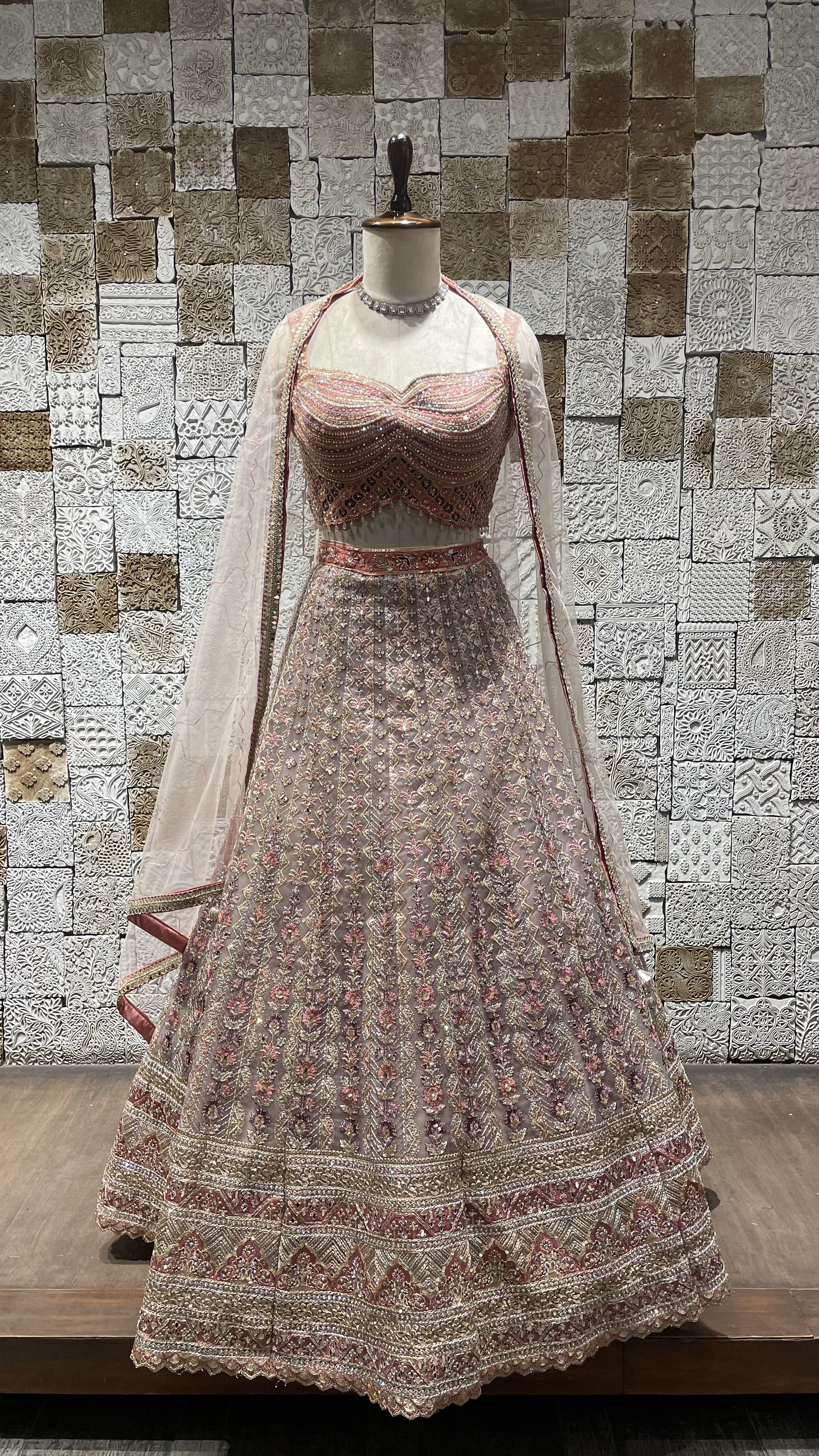 Pink Net Lehenga with zariwork and rhinestones