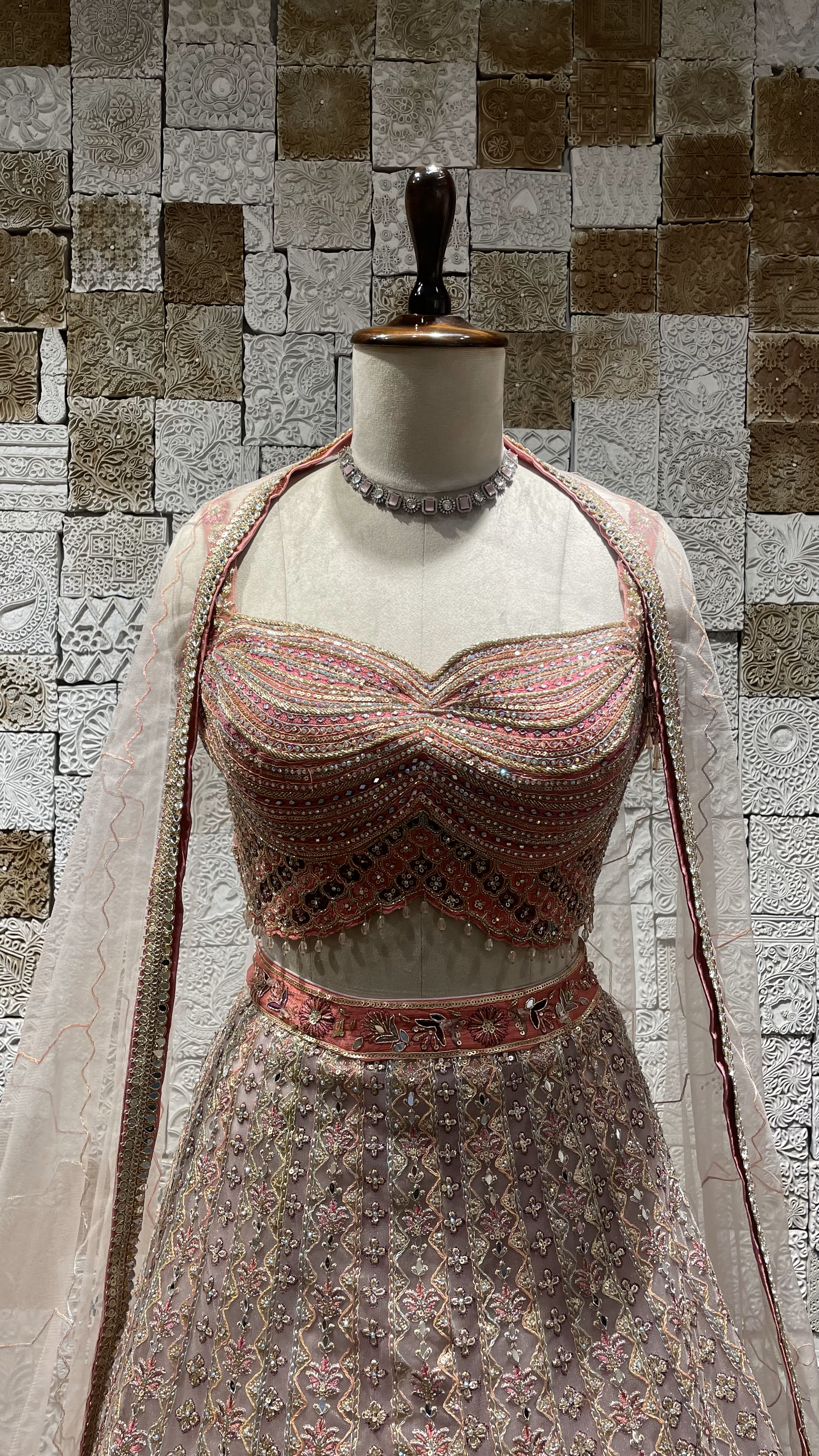 Pink Net Lehenga with zariwork and rhinestones