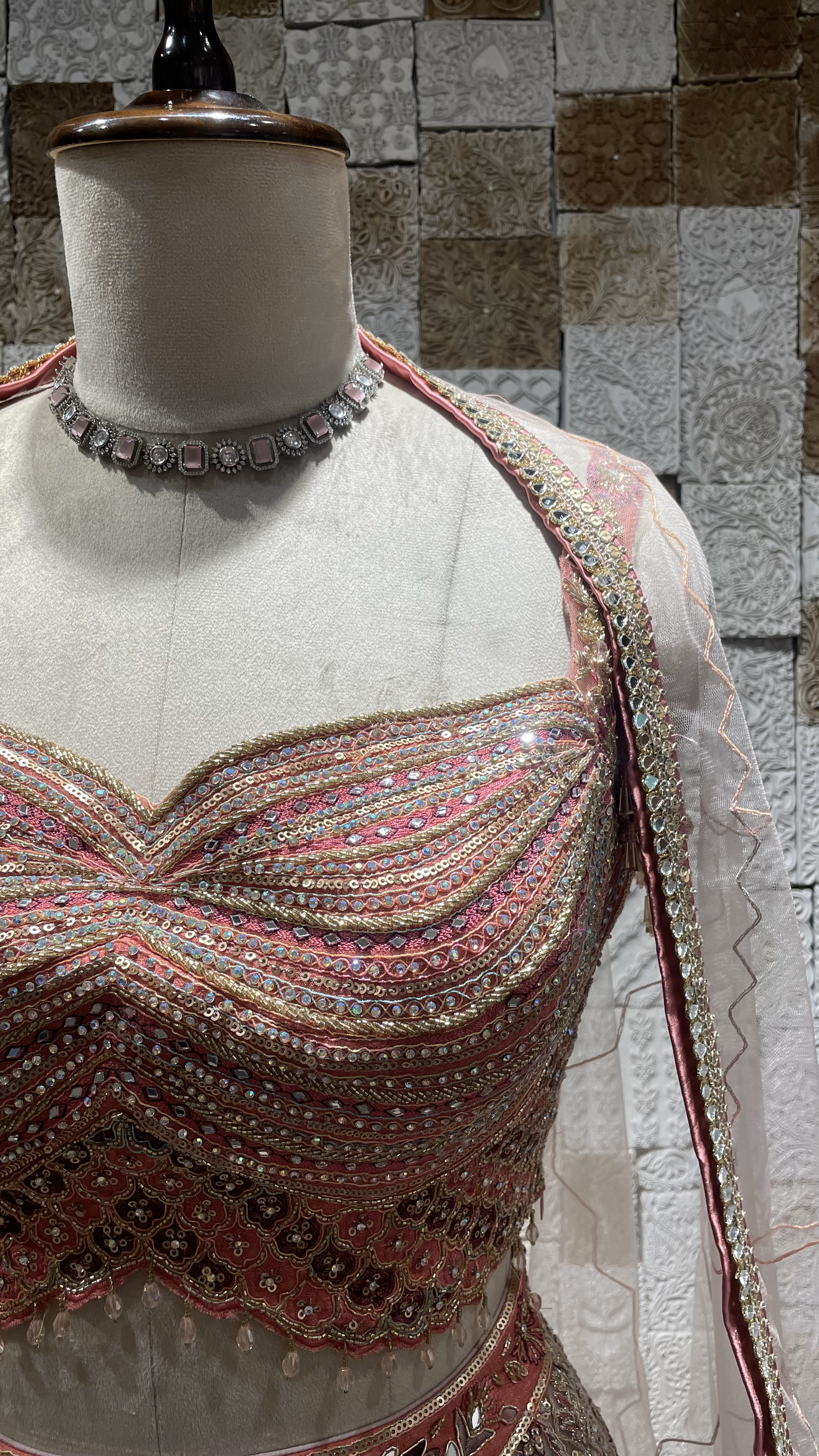 Pink Net Lehenga with zariwork and rhinestones