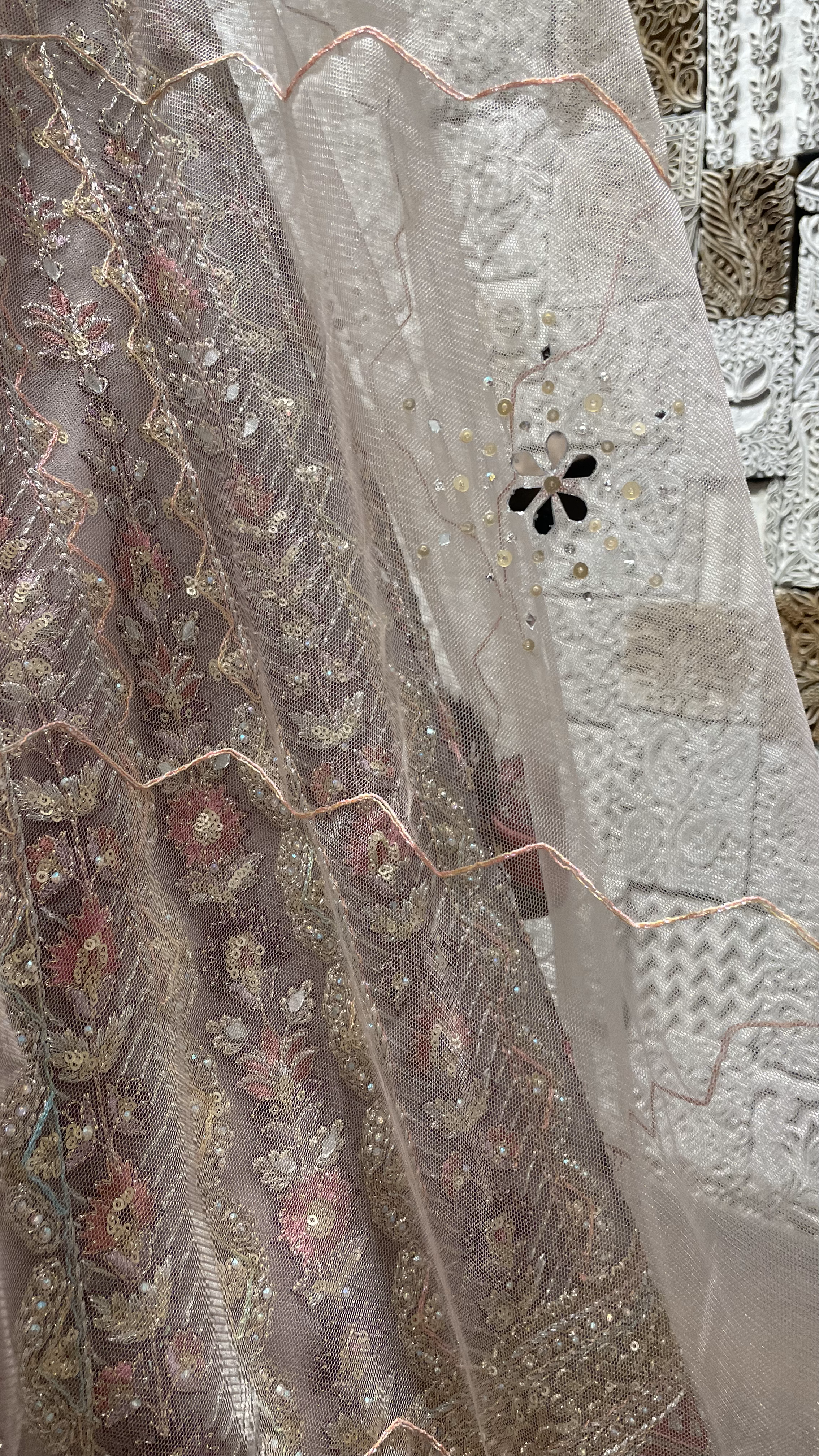 Pink Net Lehenga with zariwork and rhinestones