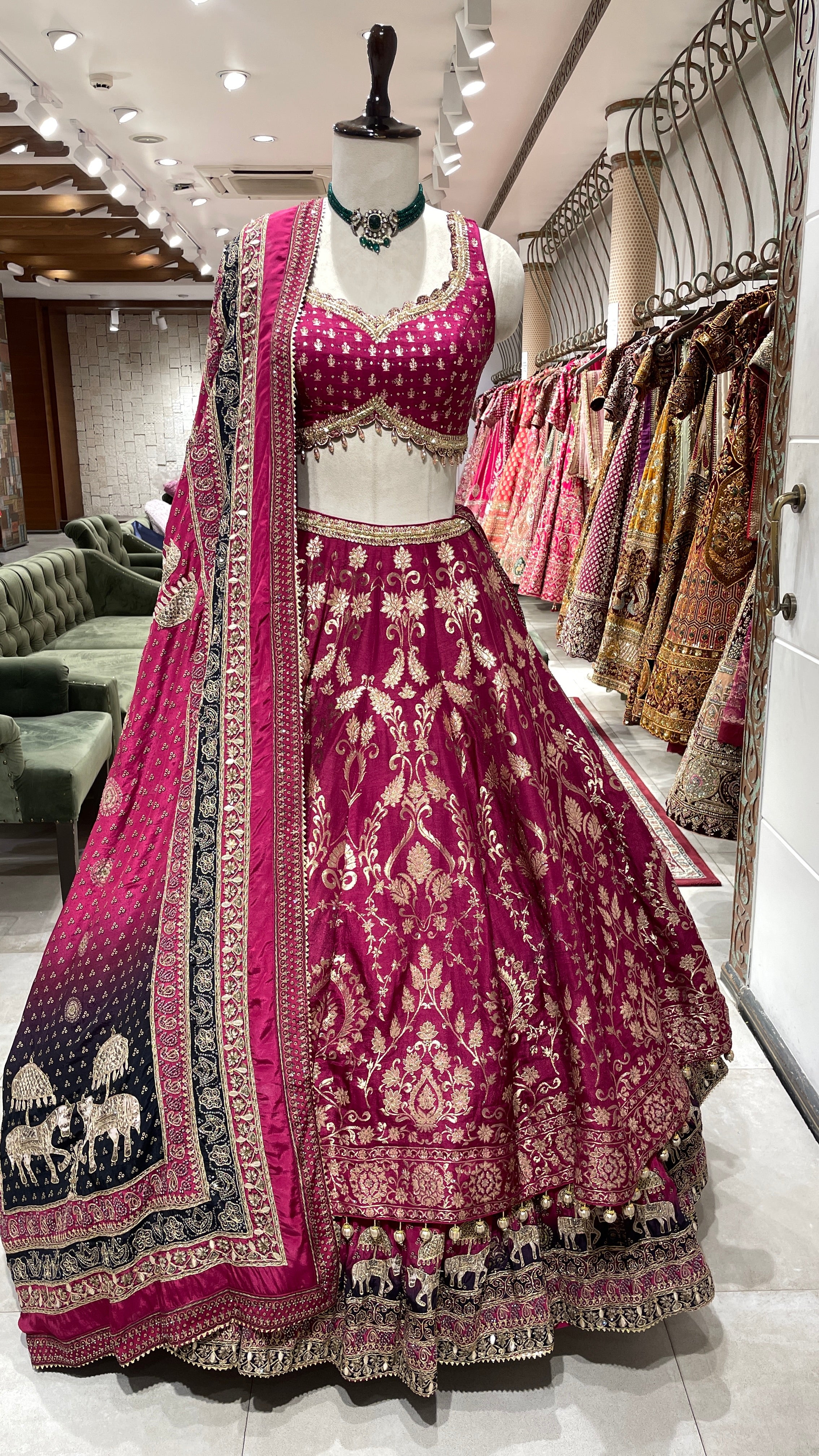 Magenta Banarasi silk lehenga with motifs