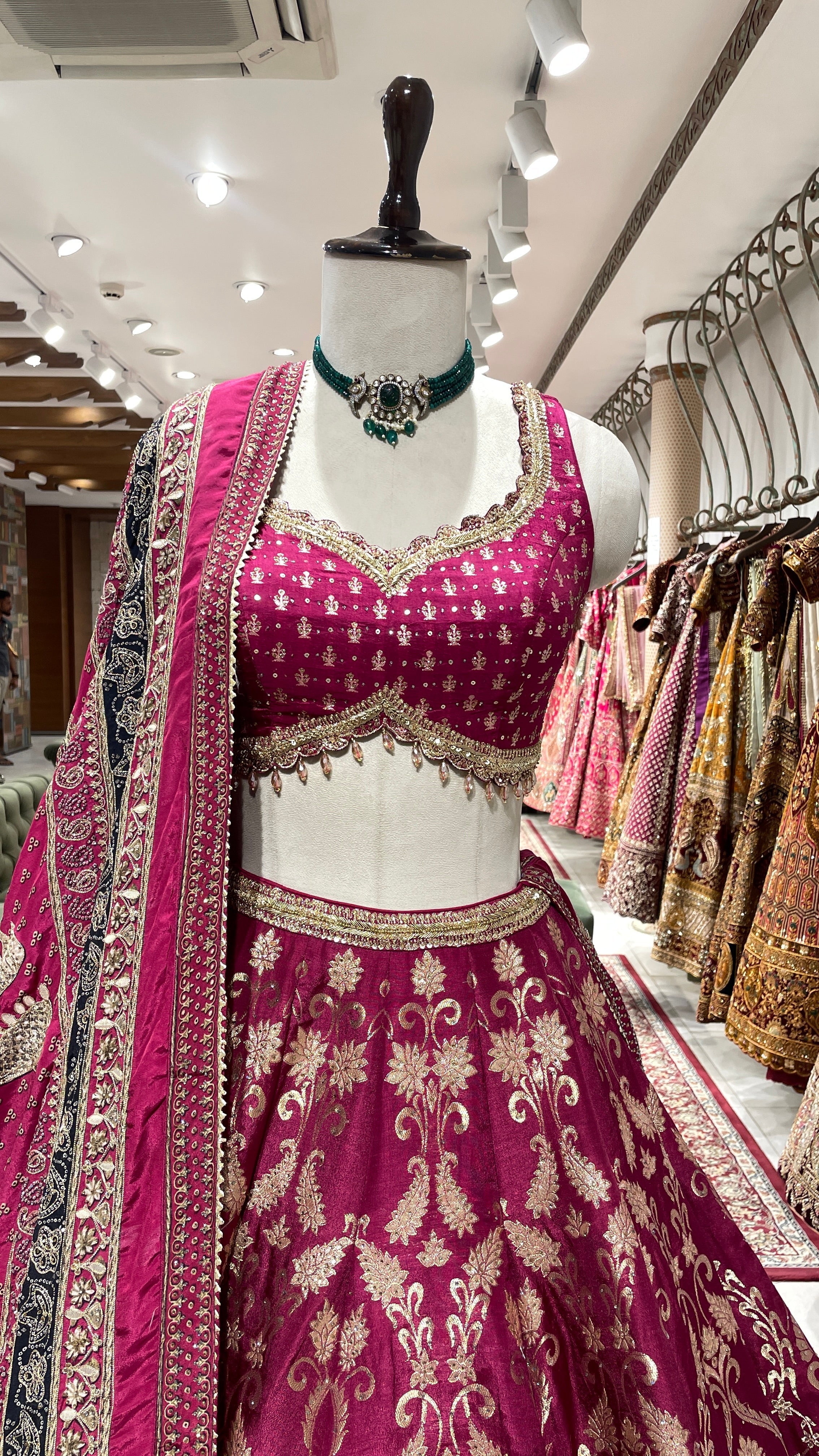 Magenta Banarasi silk lehenga with motifs