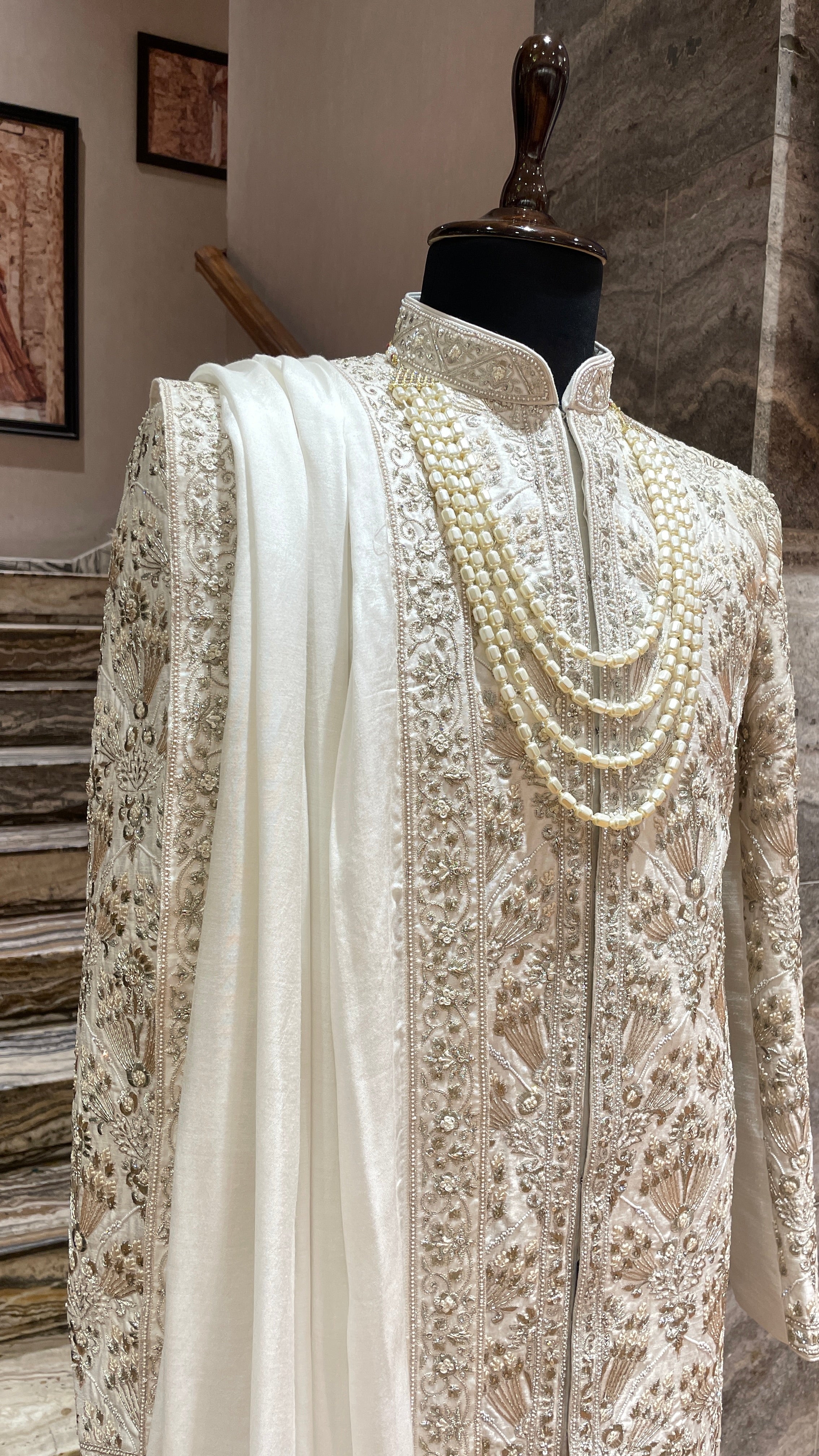 Ivory silk sherwani with motifs
