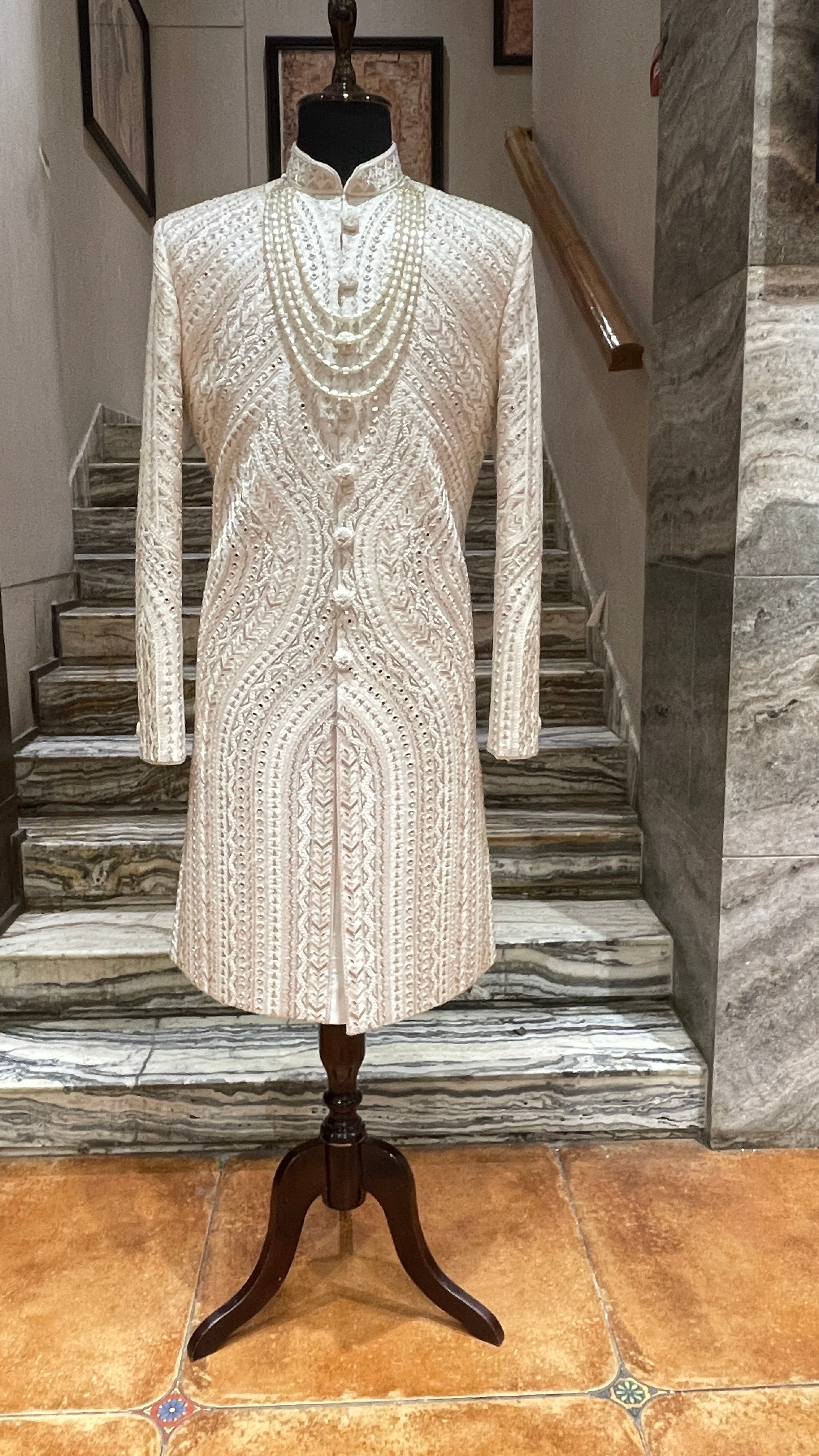 Ivory silk sherwani with mirrorwork