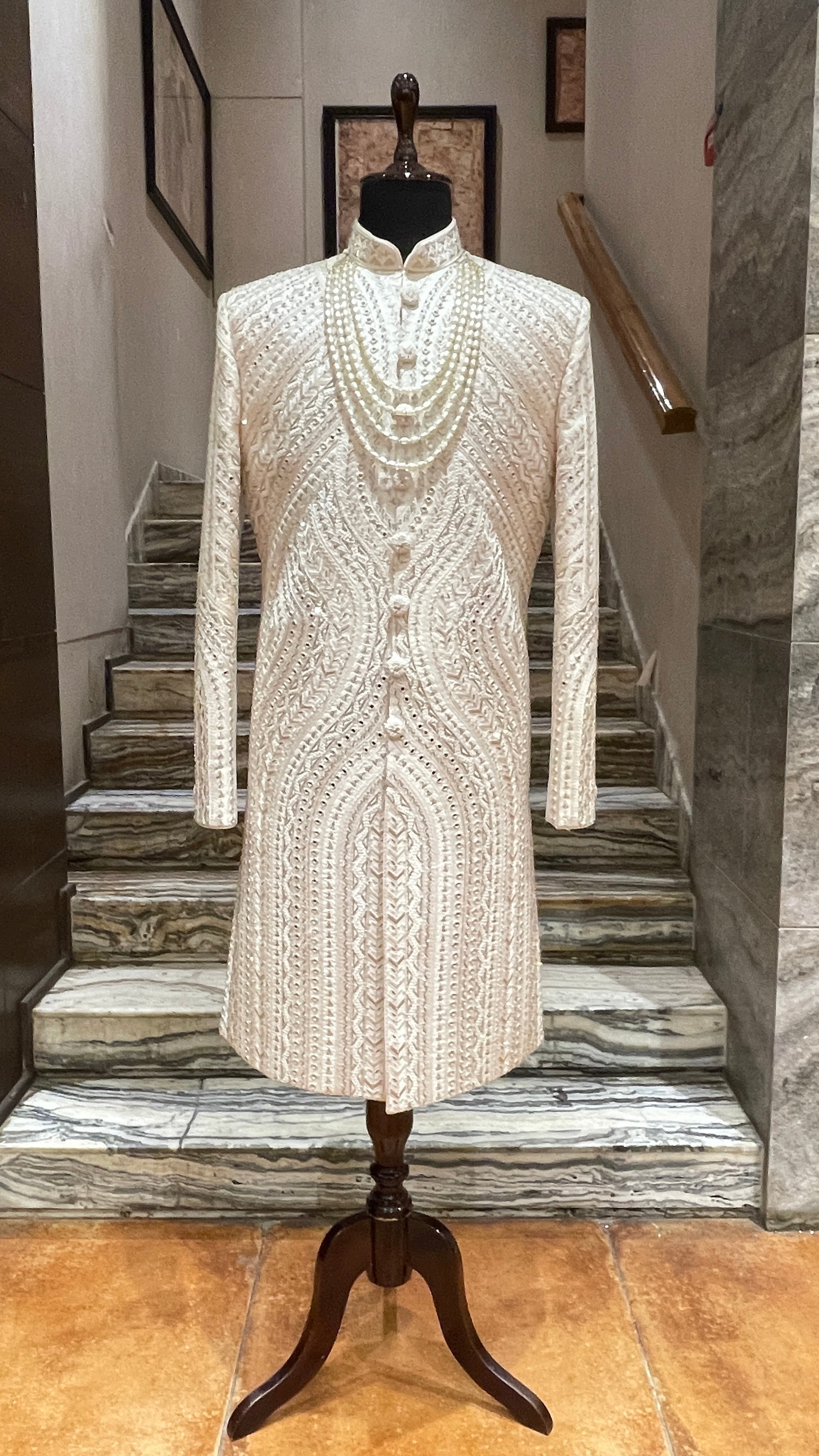Ivory silk sherwani with mirrorwork