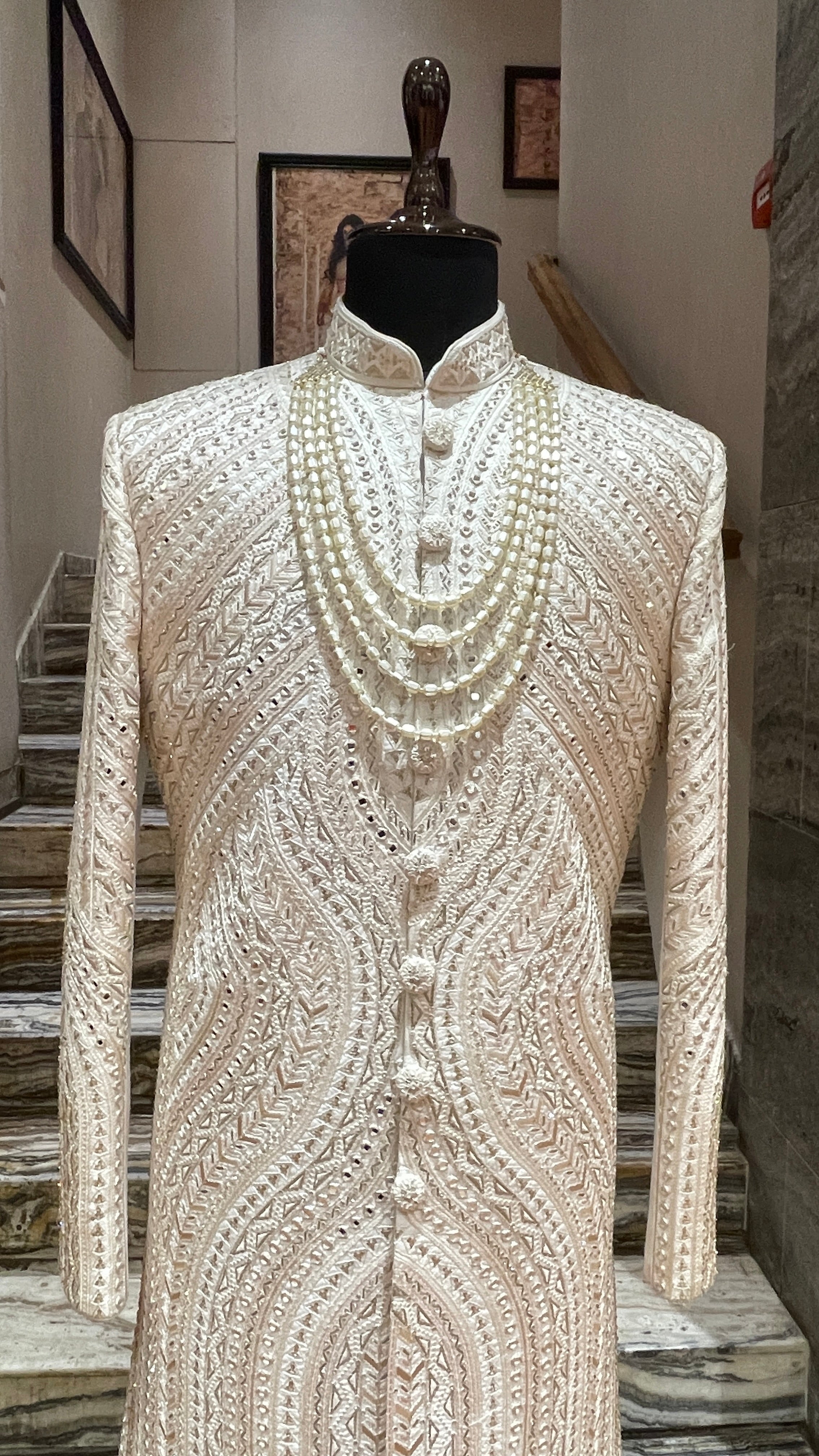 Ivory silk sherwani with mirrorwork