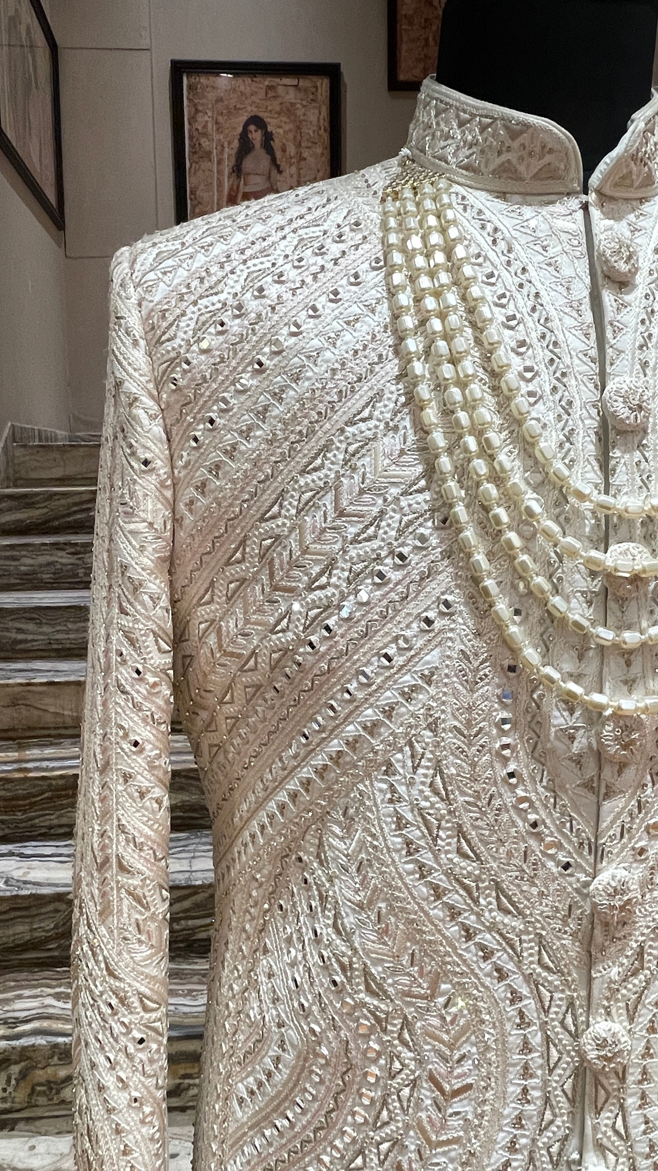 Ivory silk sherwani with mirrorwork