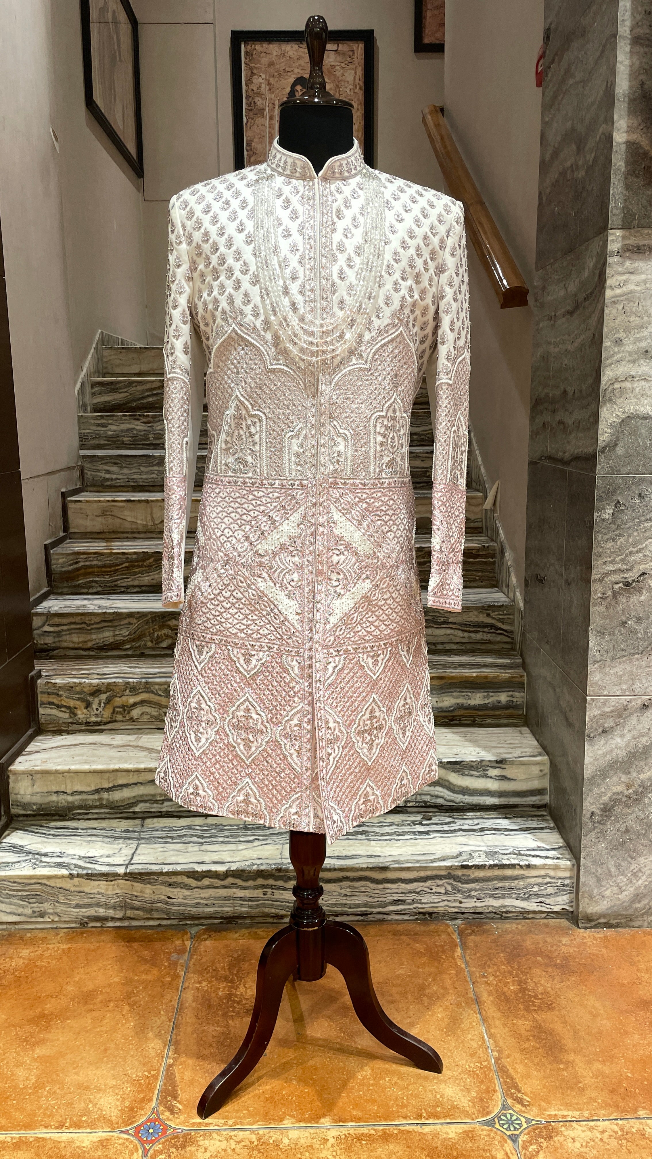 Ivory silk sherwani with pink and silver embroidery