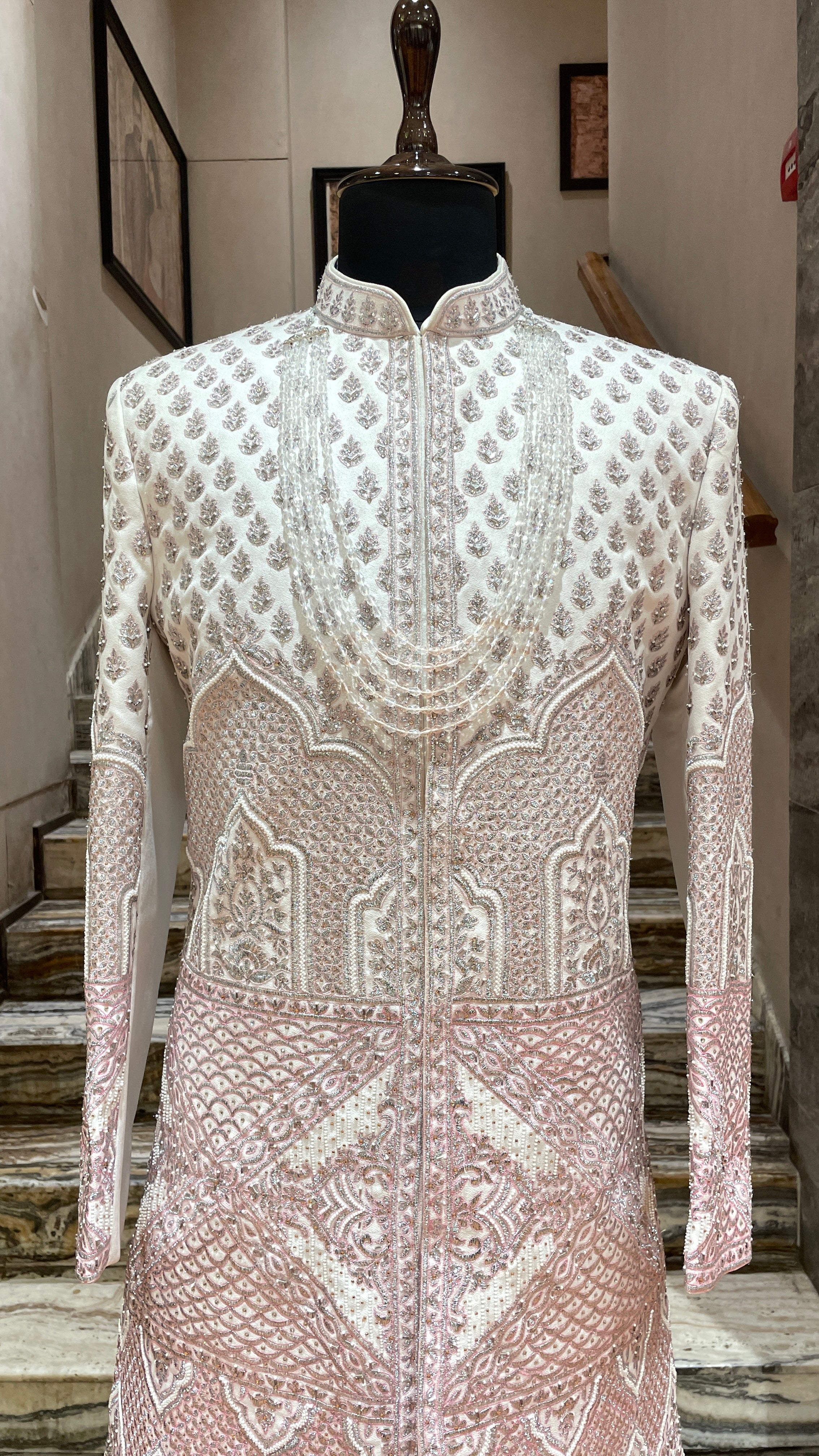 Ivory silk sherwani with pink and silver embroidery