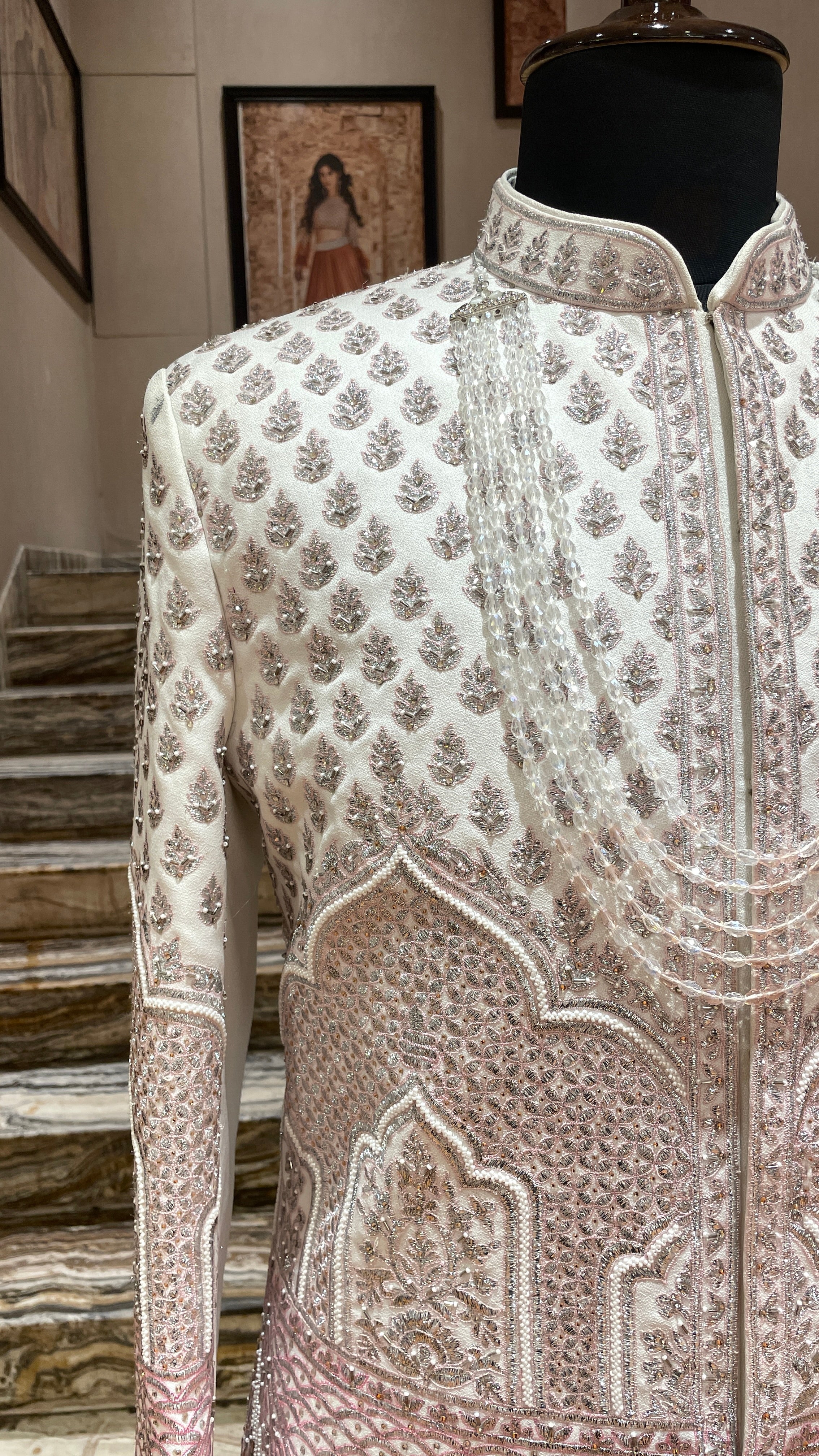 Ivory silk sherwani with pink and silver embroidery