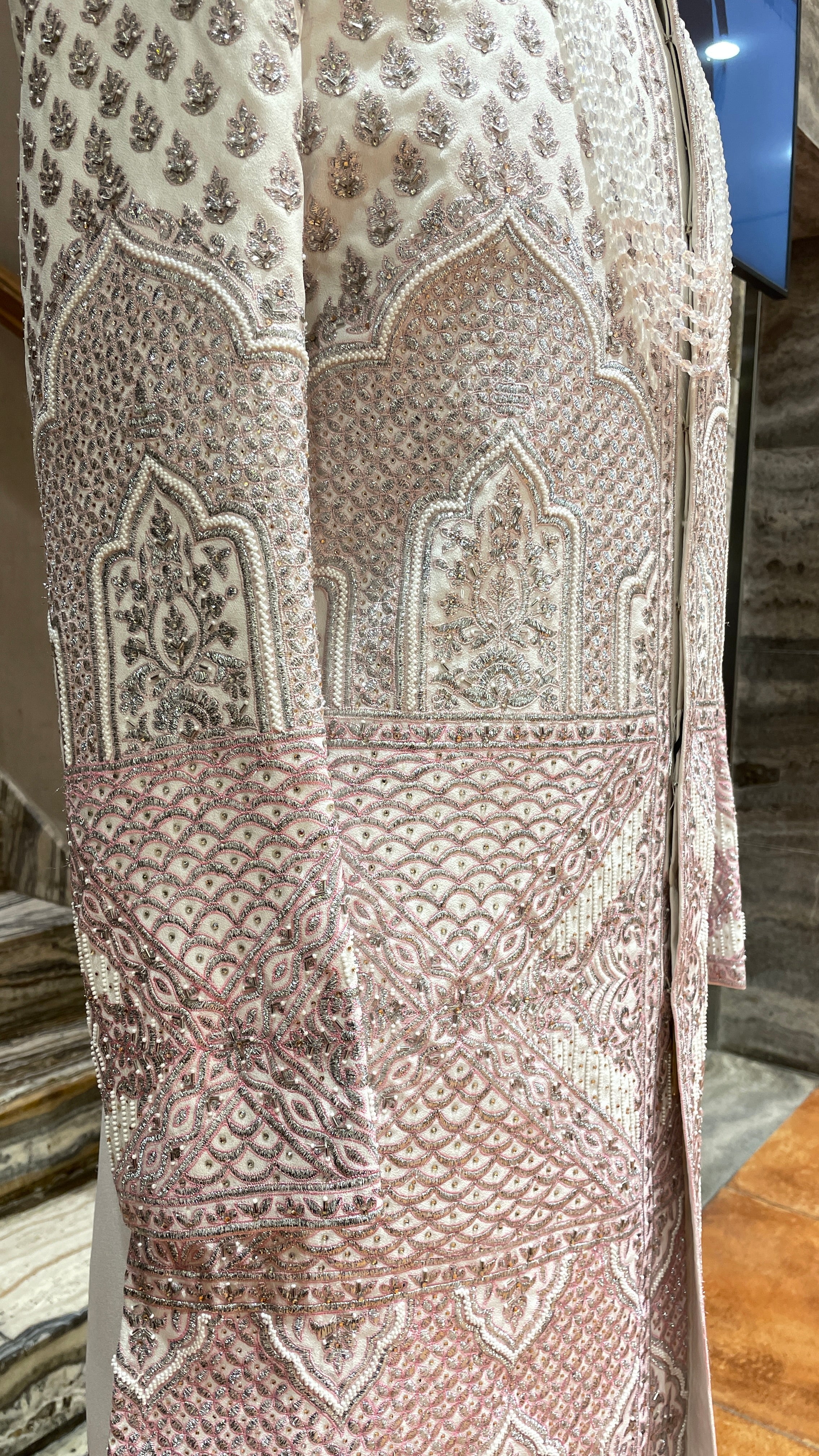 Ivory silk sherwani with pink and silver embroidery