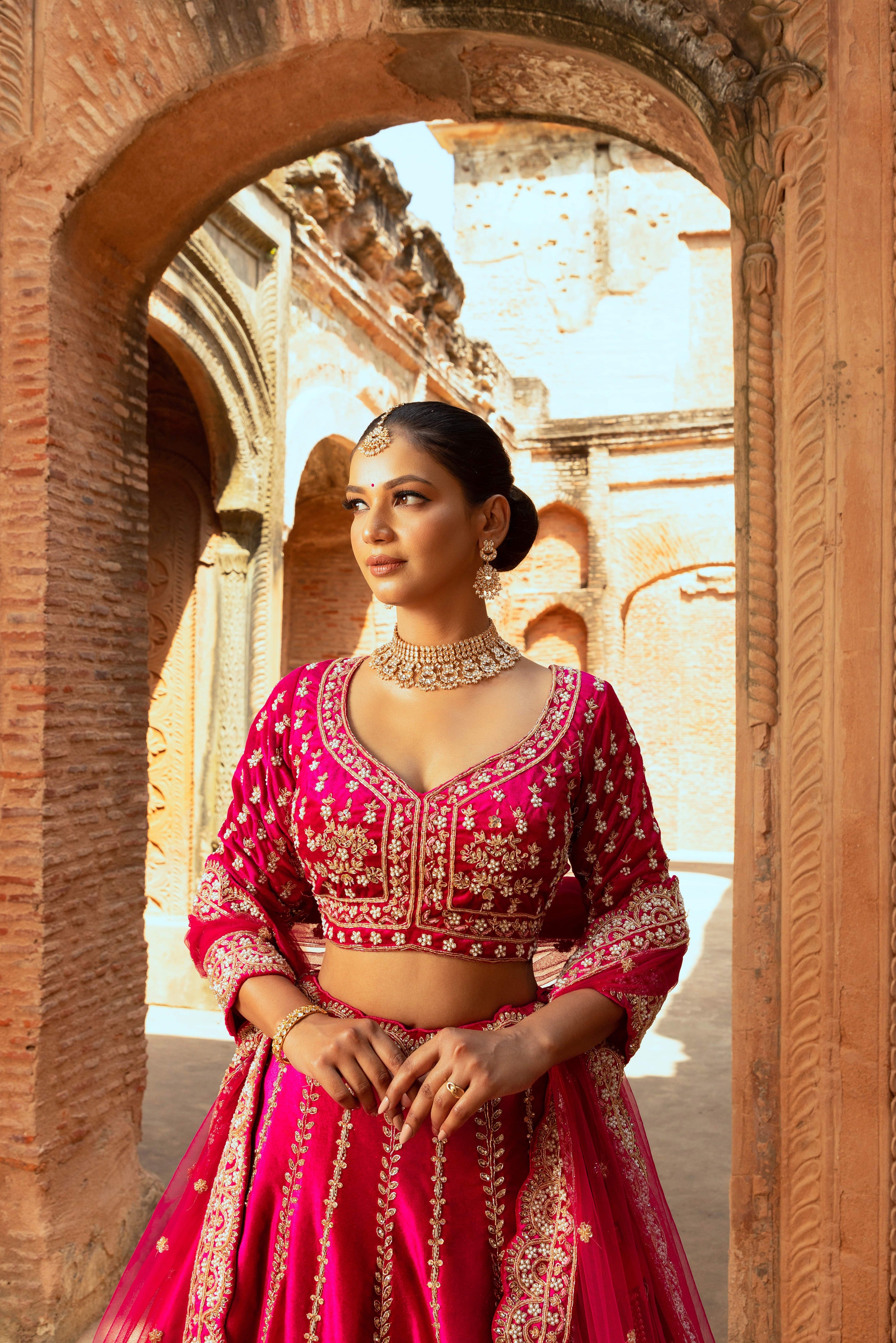 Magenta Velvet Bridal Lehenga