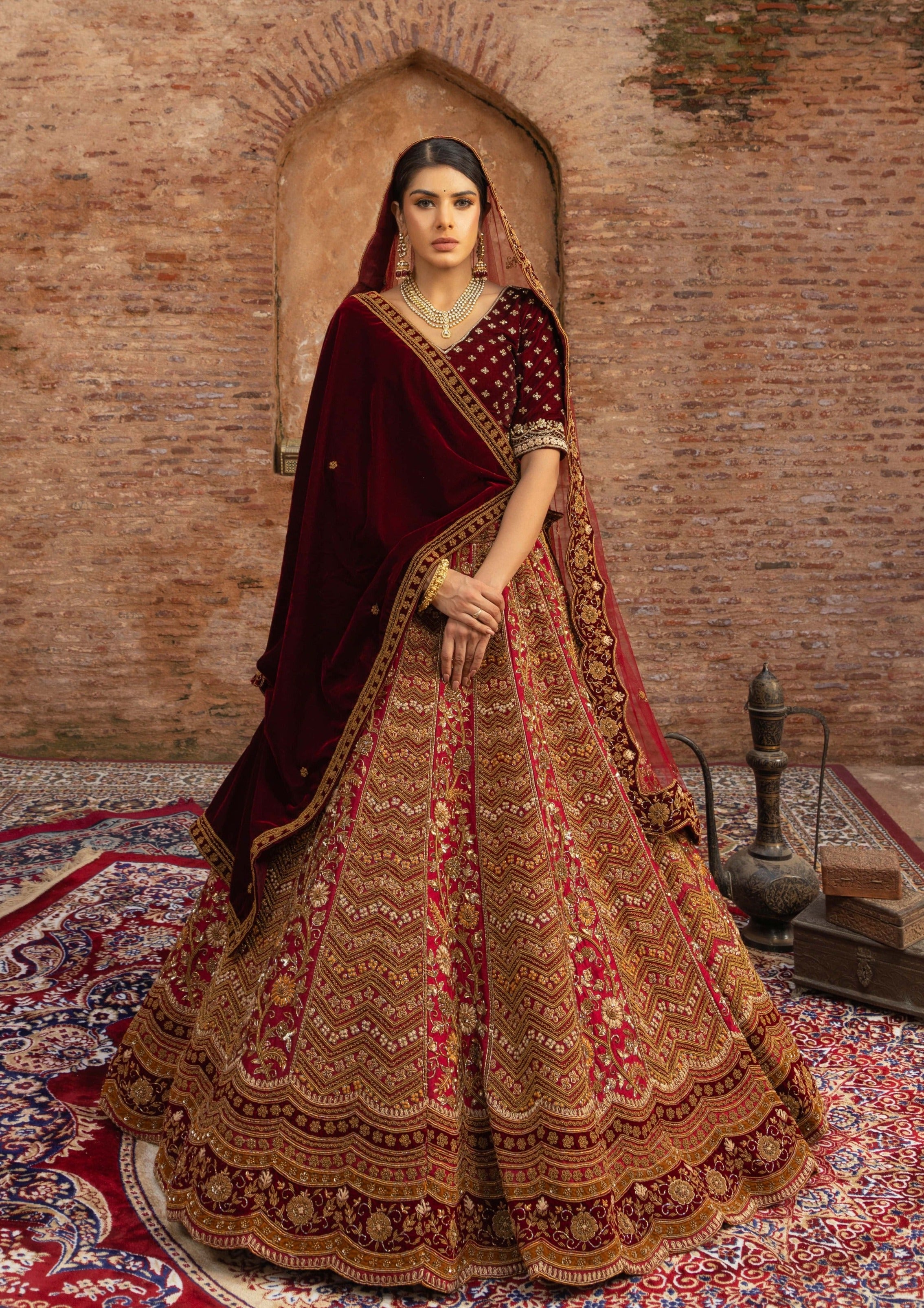 Maroon Bridal Lehenga with Pot Sequins and Velvet Dupattas