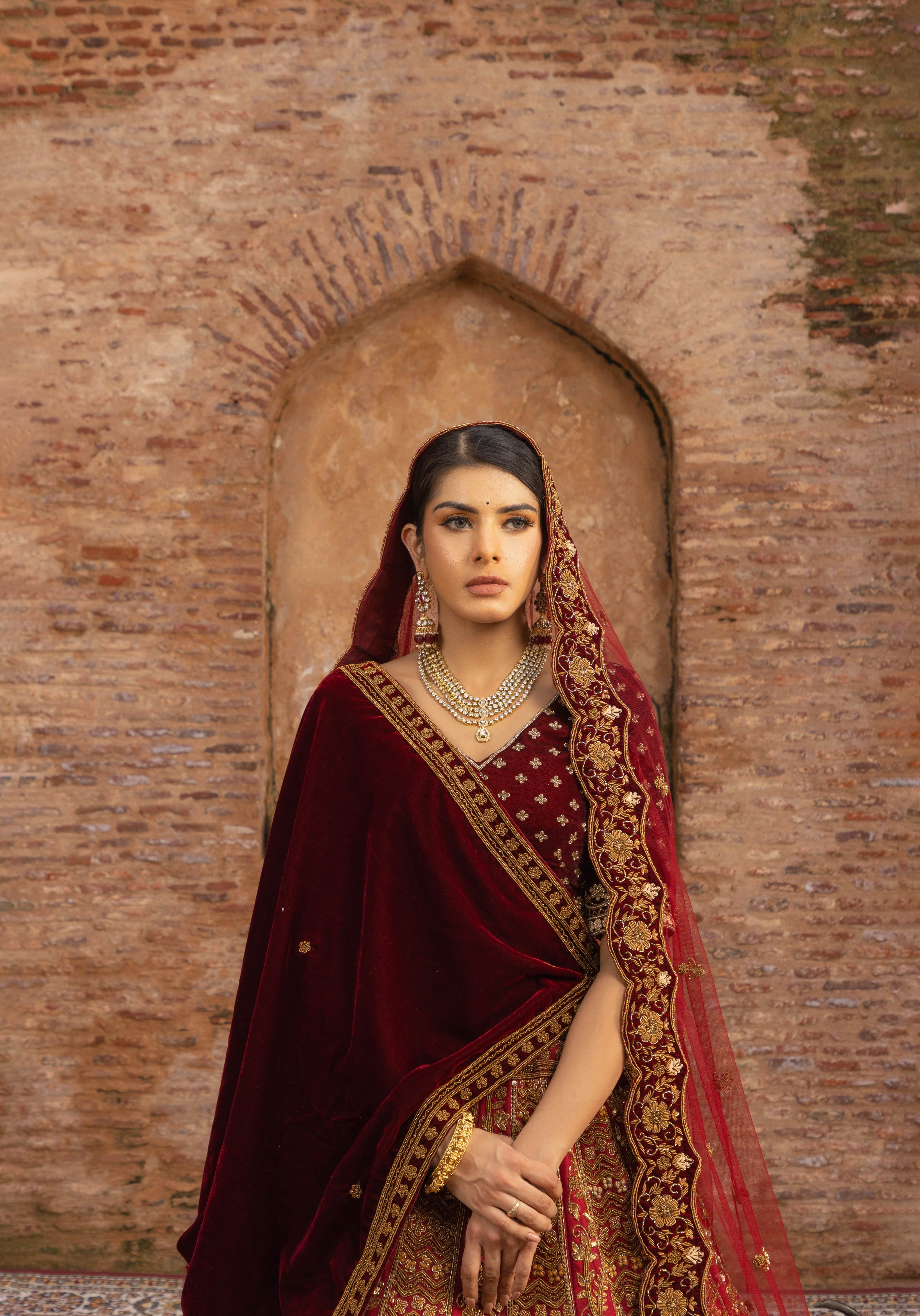 Maroon Bridal Lehenga with Pot Sequins and Velvet Dupattas