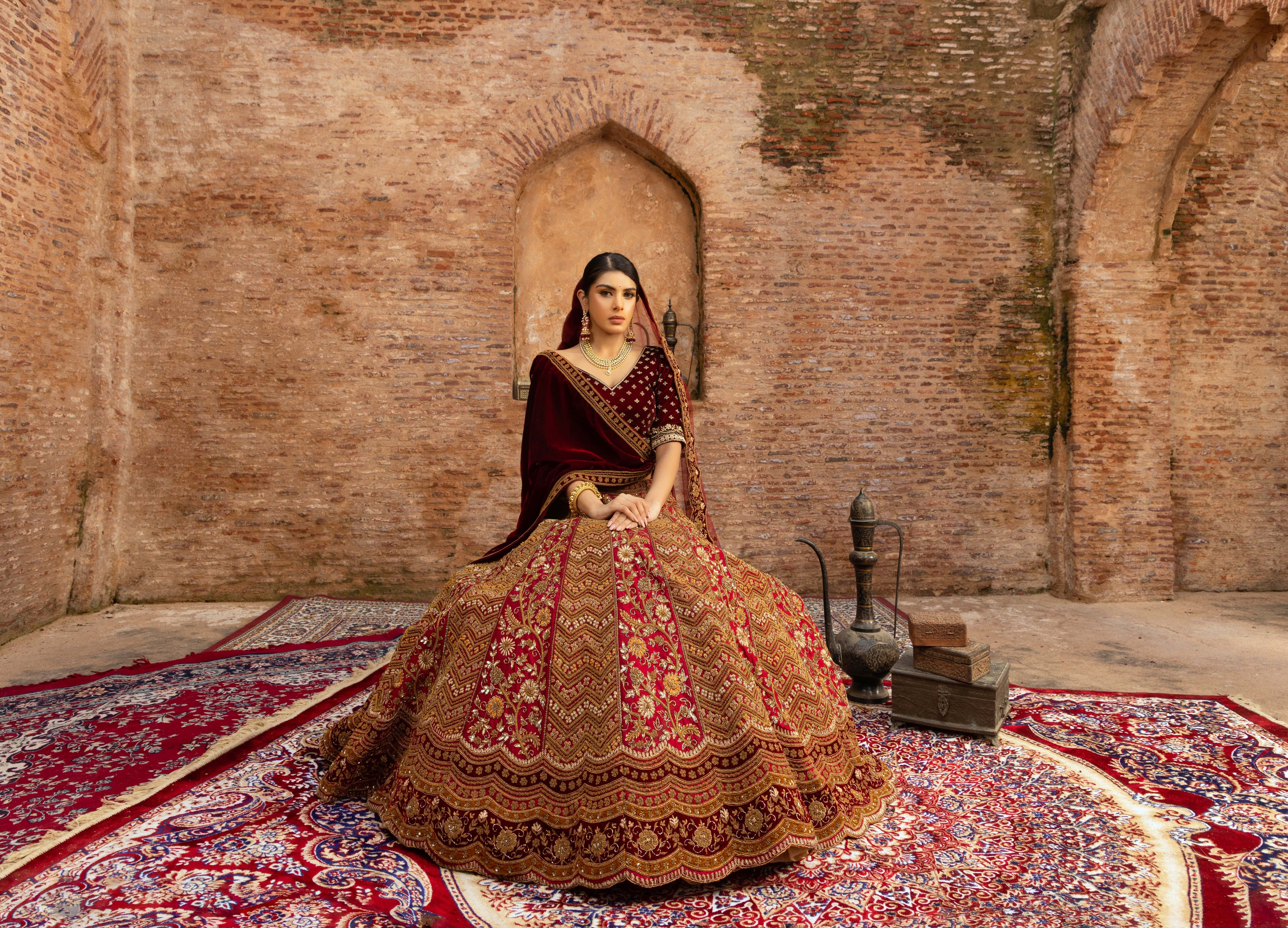 Maroon Bridal Lehenga with Pot Sequins and Velvet Dupattas