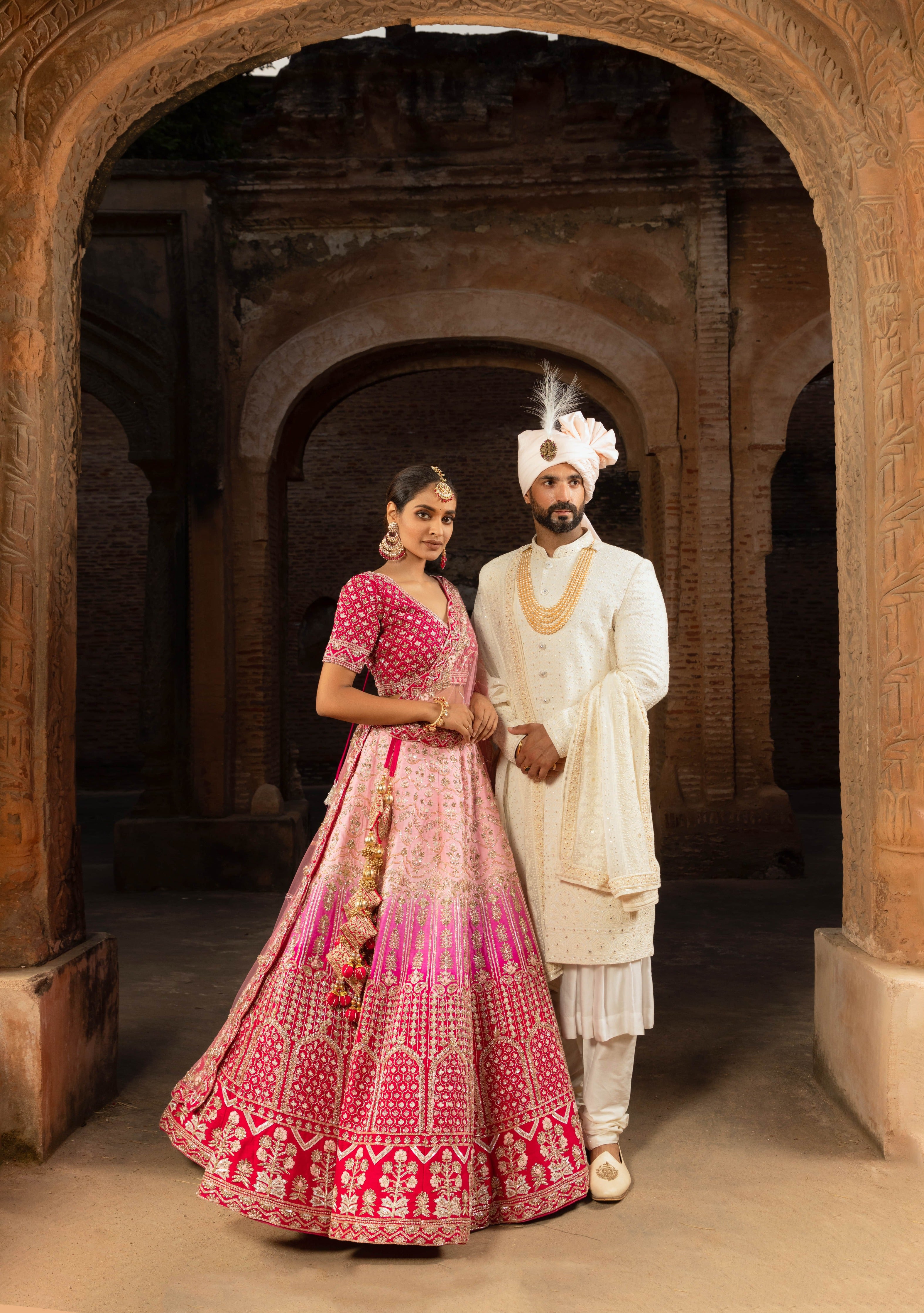 Pink Ombre Silk bridal lehenga with Sequins and Jaalwork