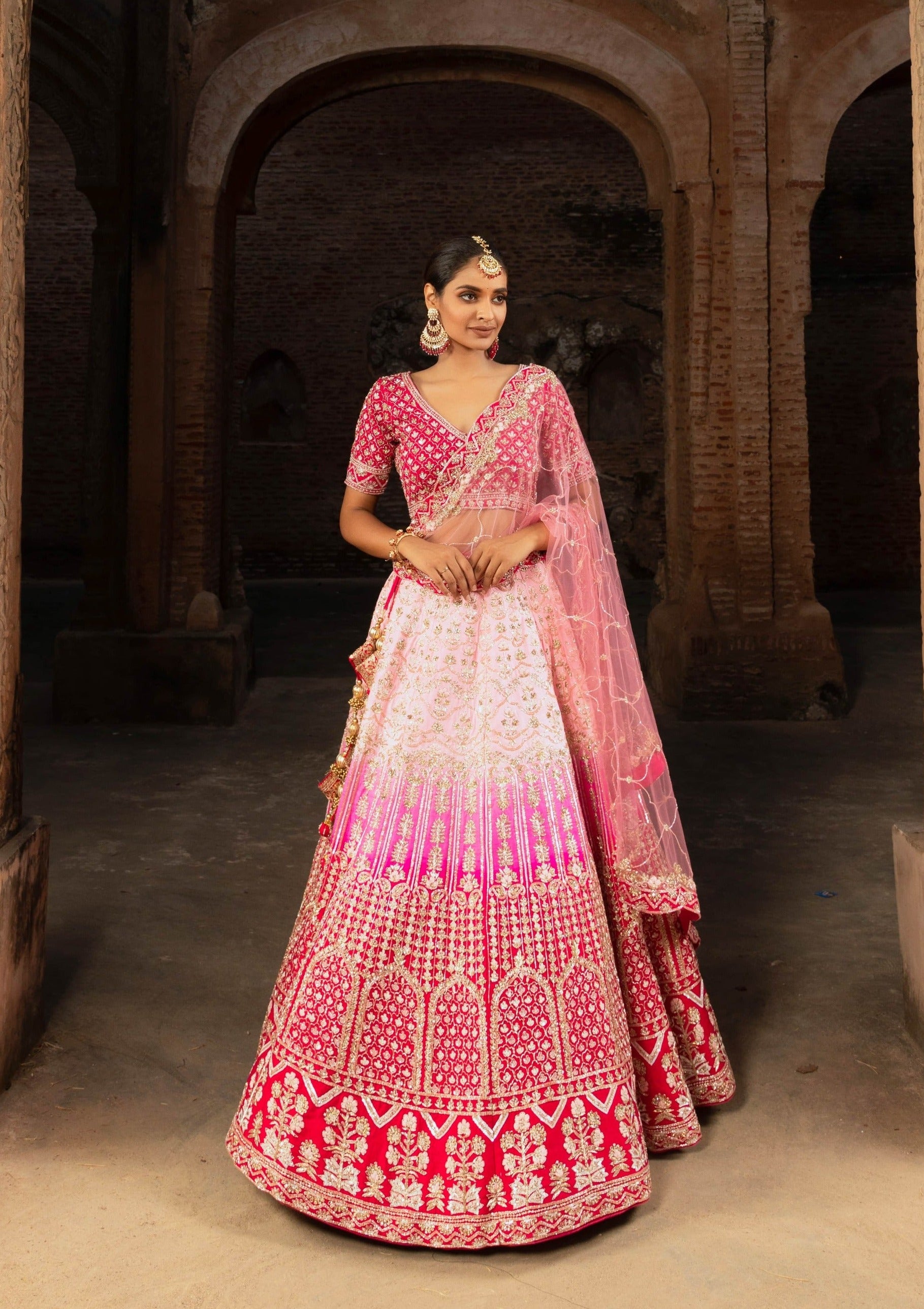 Pink Ombre Silk bridal lehenga with Sequins and Jaalwork
