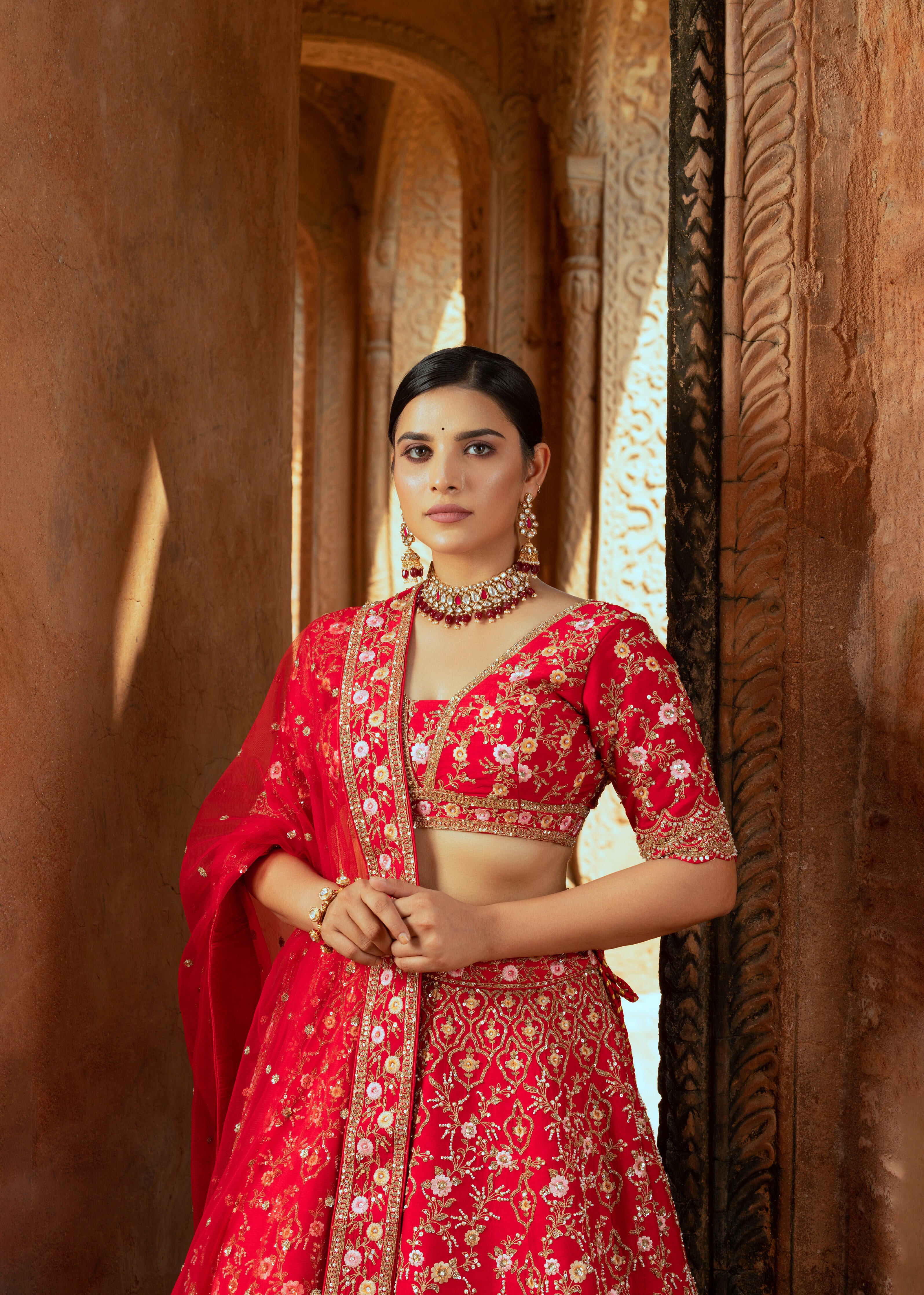 Red Silk Bridal Lehenga with Sequins, Cutdana, and Hand-Embroidery