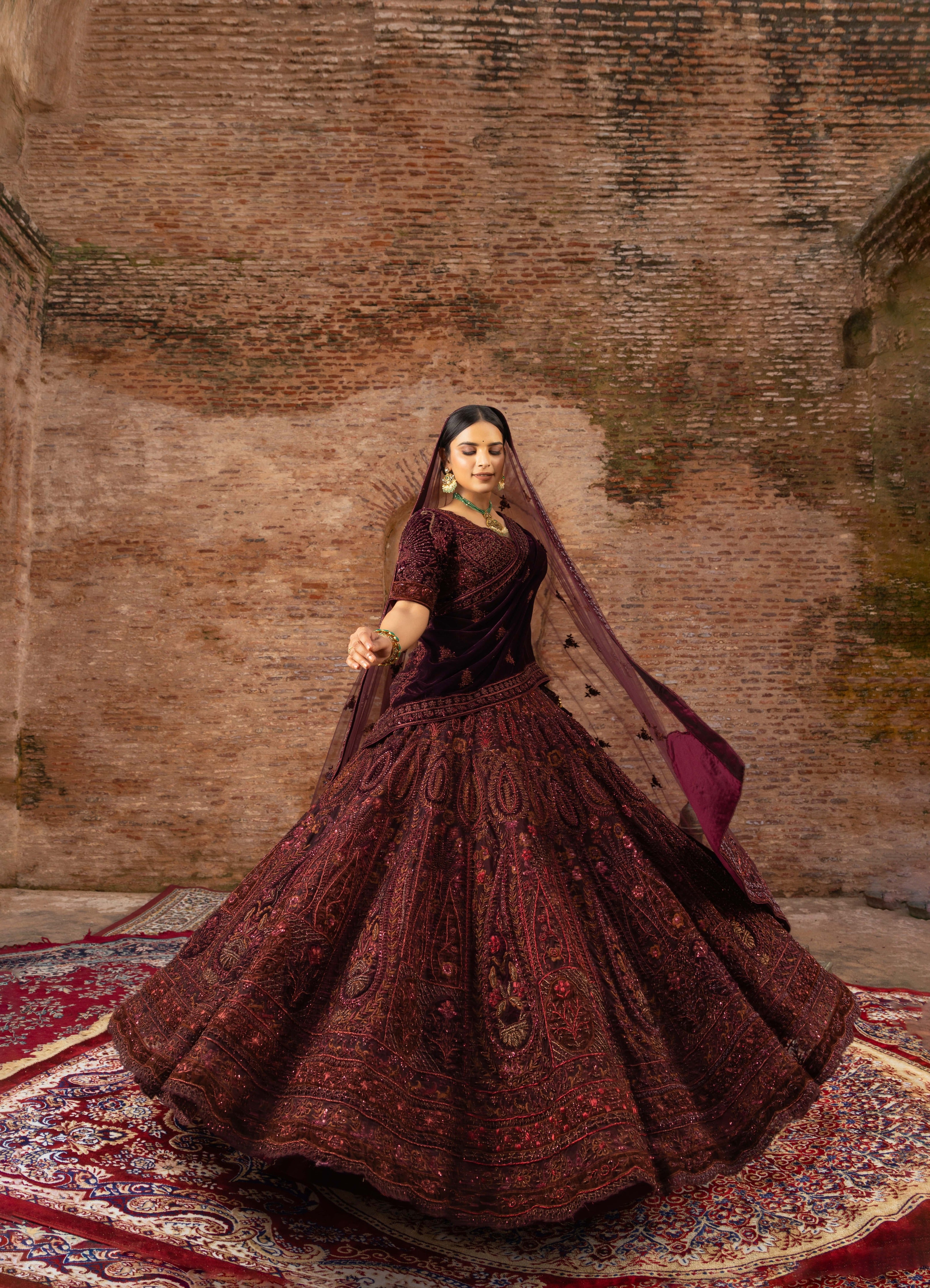 Regal Maroon Bridal Lehenga in Net and Velvet with Hand-Embroidery