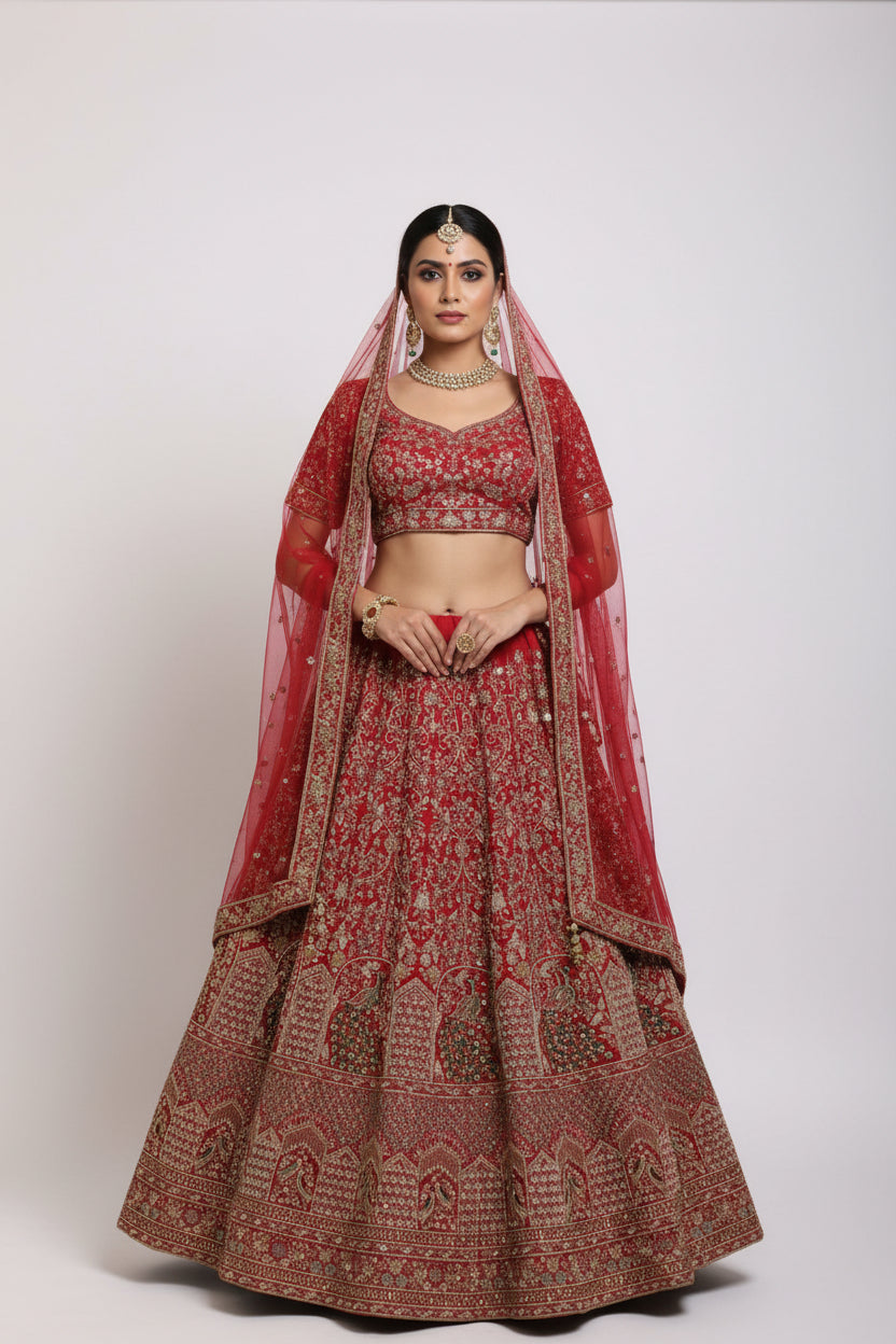 Red Bridal Lehenga with Peacock Embroidery - Premium Wedding Lehenga Choli