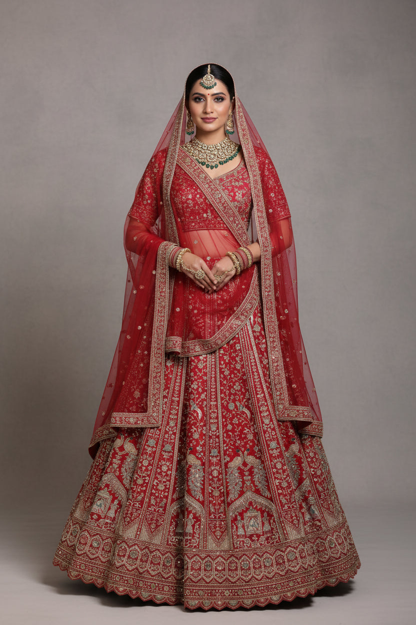 Red bridal lehenga with Doli mor embroidery design