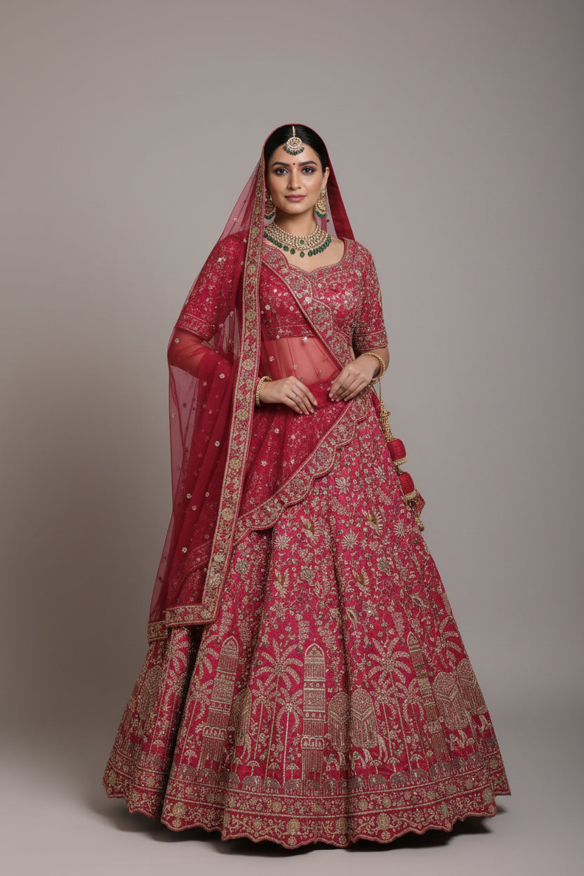 Rani bridal lehenga with flower & bird embroidery design